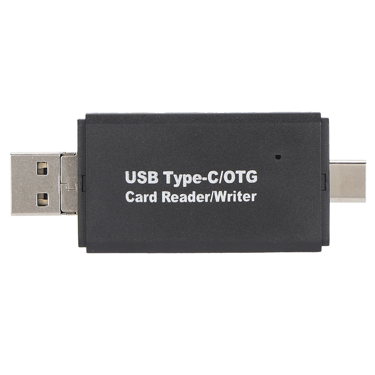 Schwarzer USB-Typ-C/OTG-Kartenleser/Schreiber. Text darauf: USB Type-C/OTG Card Reader/Writer.