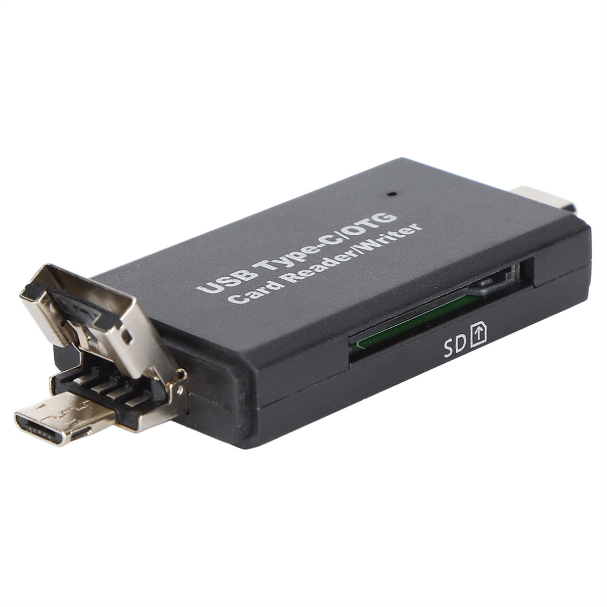 Schwarzer USB-Kartenleser/Schreiber. Zeigt USB-C- und SD-Kartensteckplatz. Text: USB Typ-C/OTG Kartenleser/Schreiber.