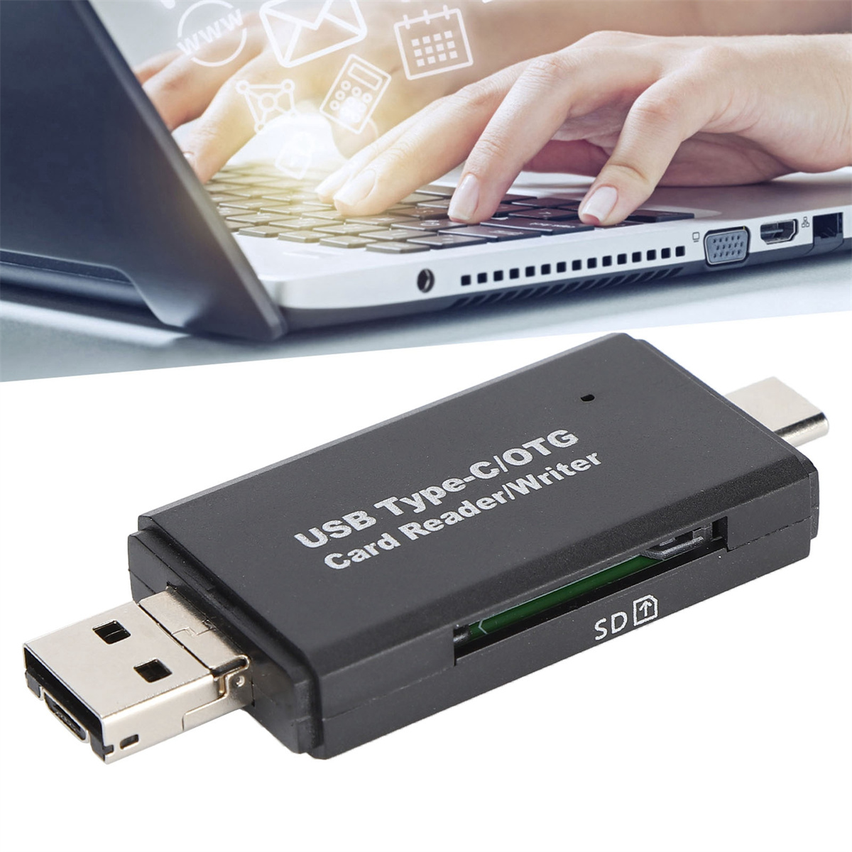 Schwarzer USB Typ-C Kartenleser/Schreiber, an einen Laptop angeschlossen.
