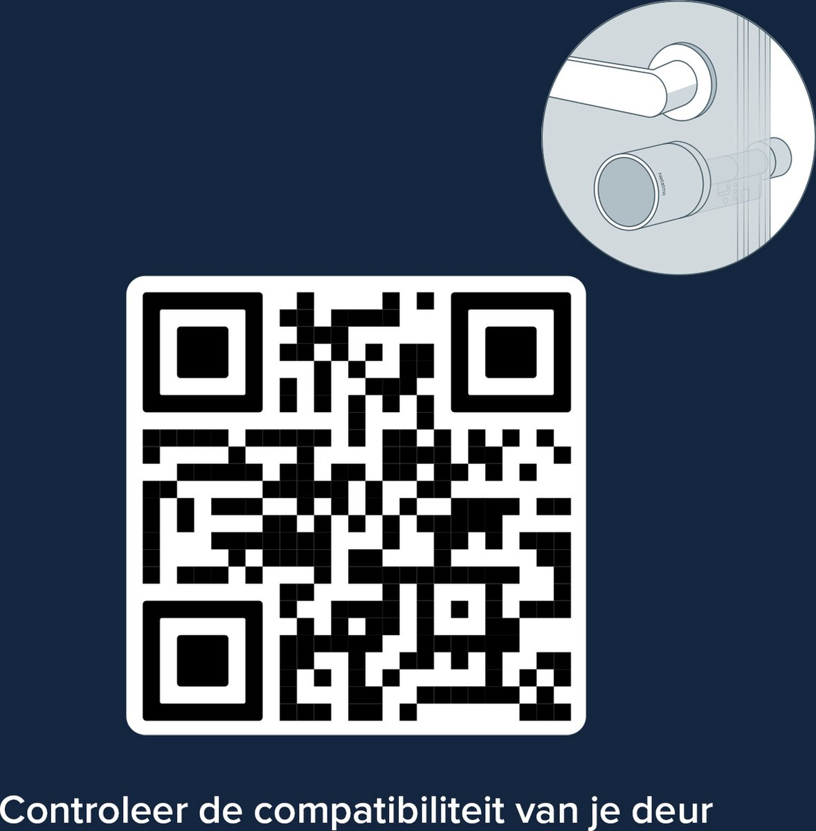 Code QR sur fond bleu foncé. Poignée de porte dans le coin.