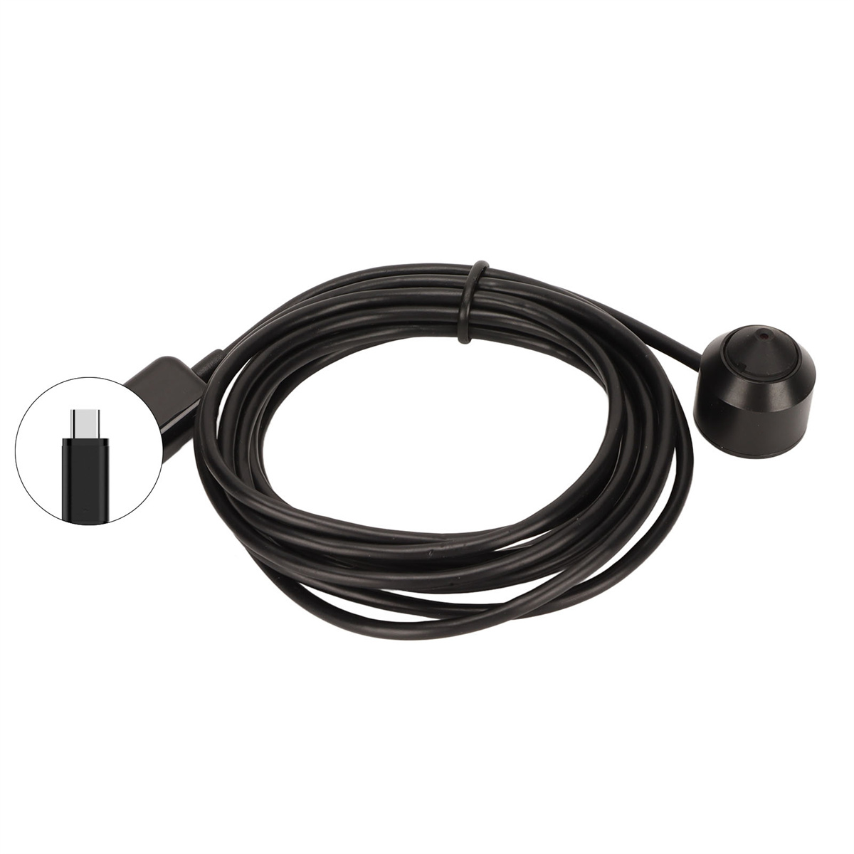 Schwarzes USB-C-Kabel mit einer kleinen, schwarzen Kamera am Ende.