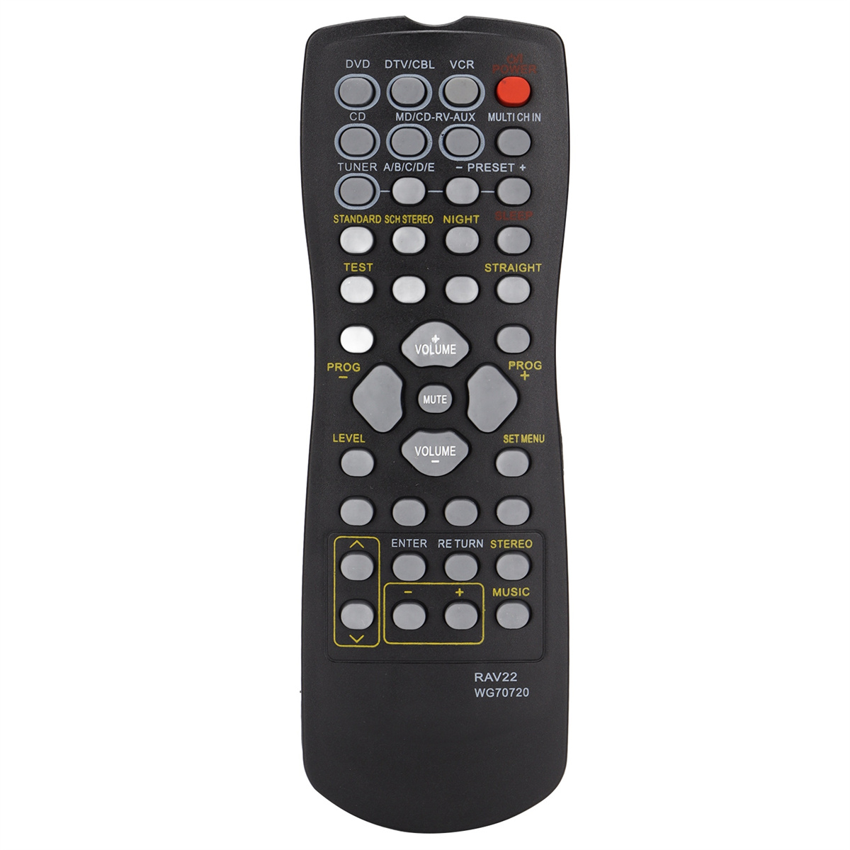 Schwarze Fernbedienung mit vielen Tasten. Text: DVD, VCR, CD, Lautstärke. Weißer Hintergrund.