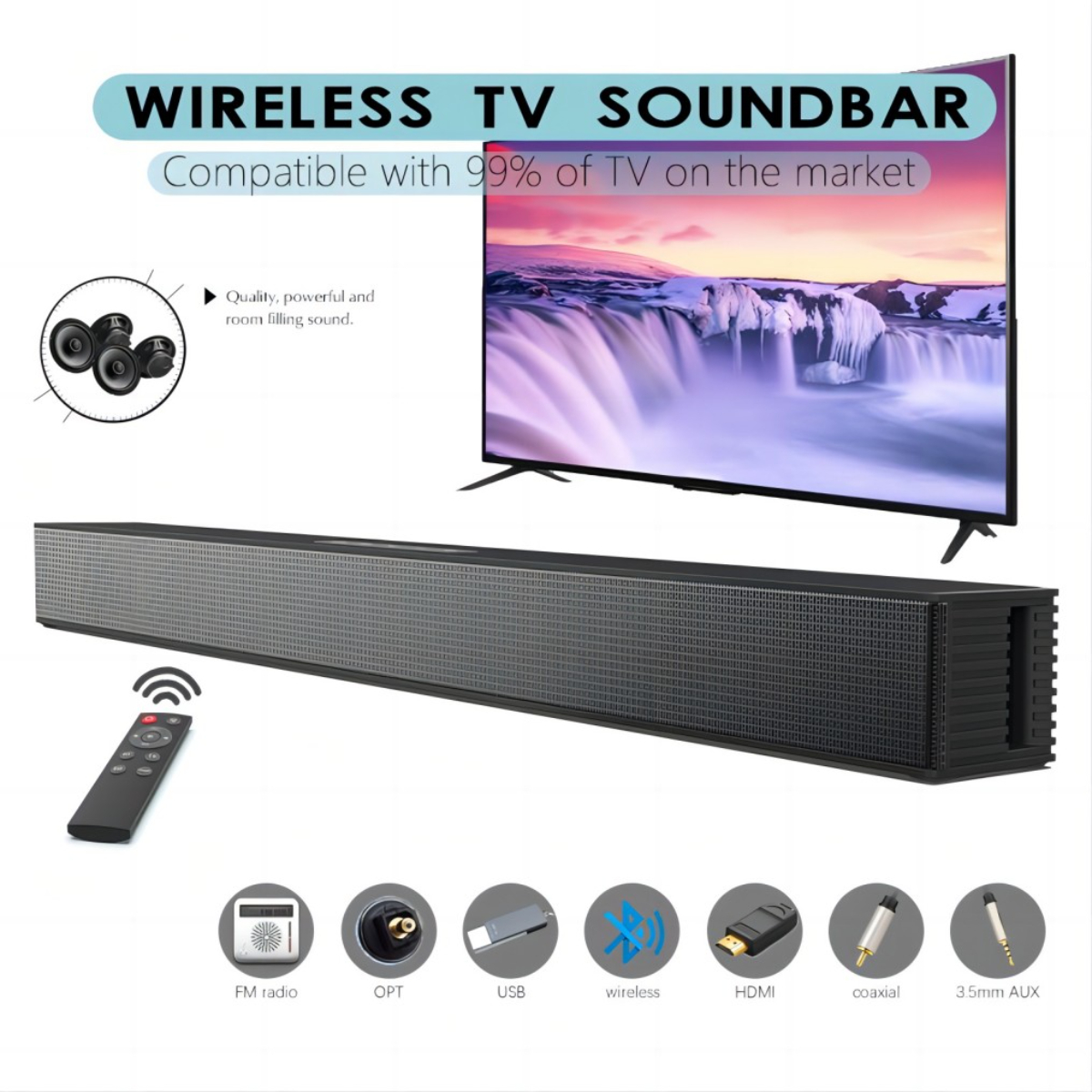 Eine drahtlose TV-Soundbar mit schwarzem Lautsprecher, Fernbedienung und verschiedenen Verbindungssymbolen.