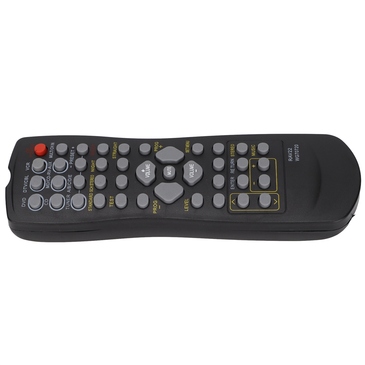 Schwarze Fernbedienung mit mehreren grauen Tasten für TV, DVD und Musik.