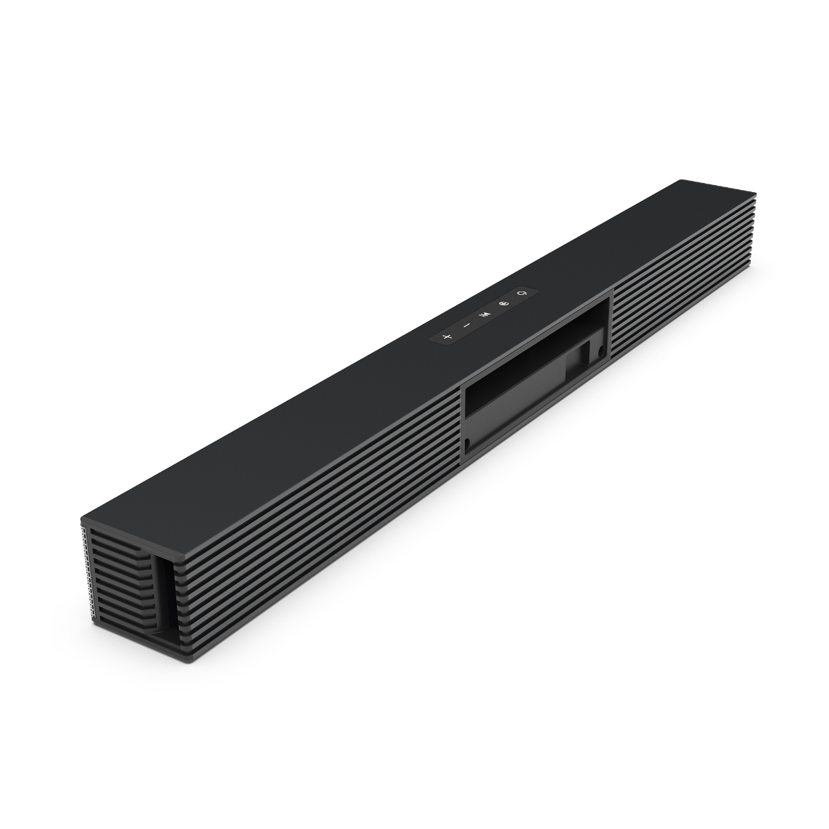Eine schwarze Soundbar mit Knöpfen auf weißem Hintergrund.