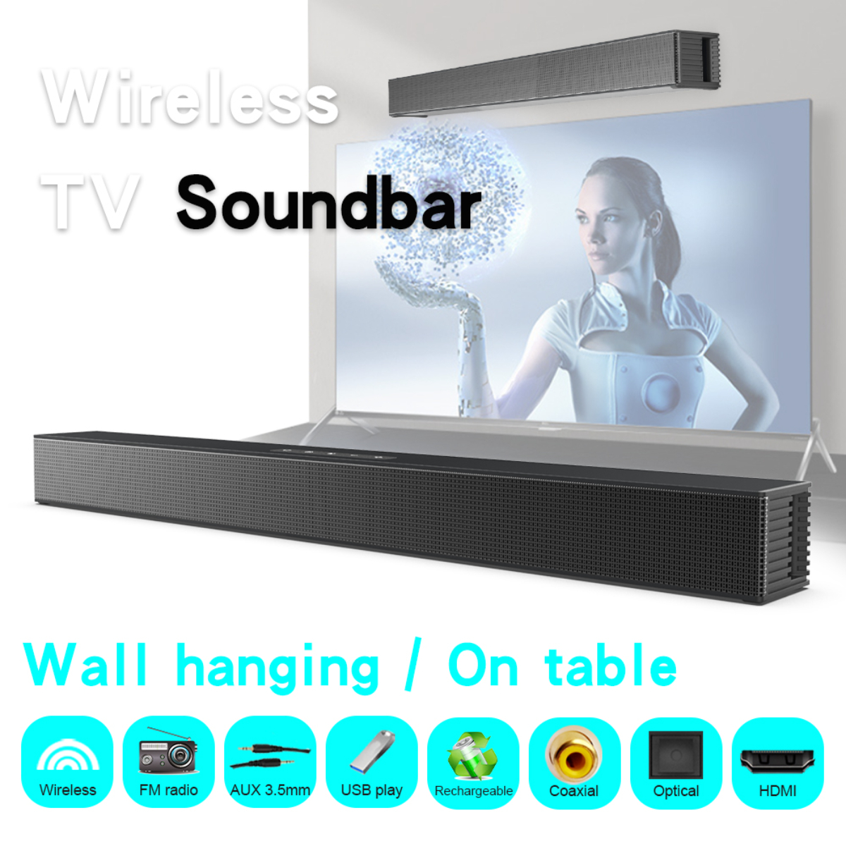 Eine schwarze Soundbar steht auf einem Tisch. Im Hintergrund ist ein Fernseher. Darunter Icons.