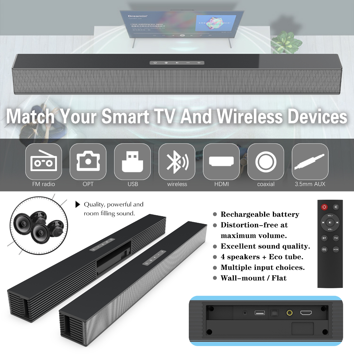 Schwarze Soundbar mit mehreren Lautsprechern, Symbolen und Fernbedienung.