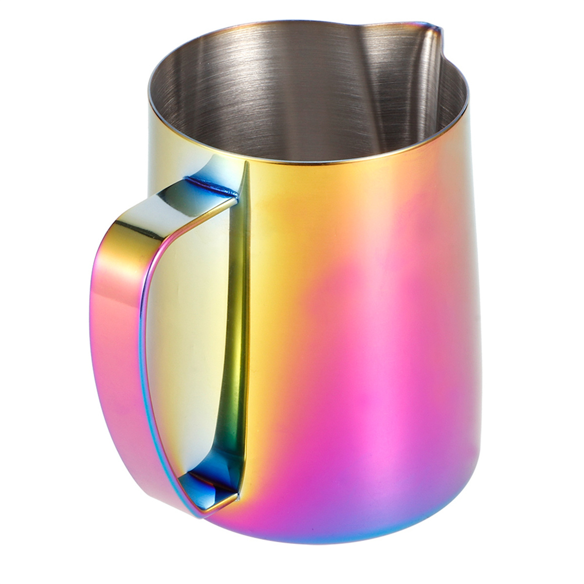Eine regenbogenfarbene Kanne mit Henkel, die eine metallische Oberfläche zeigt.