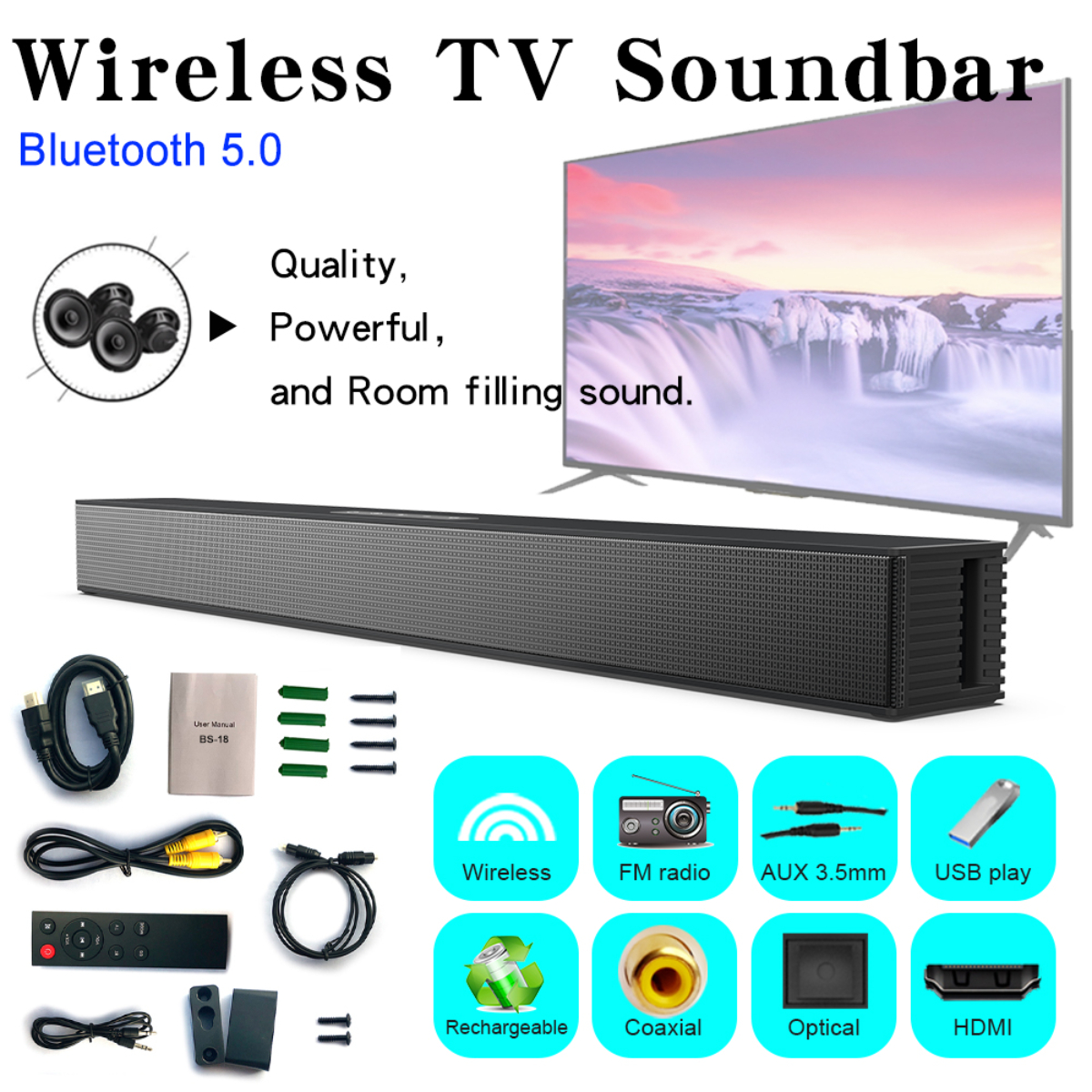 Eine kabellose TV-Soundbar mit einem Fernsehbildschirm, die ihre Funktionen und Zubehör zeigt.