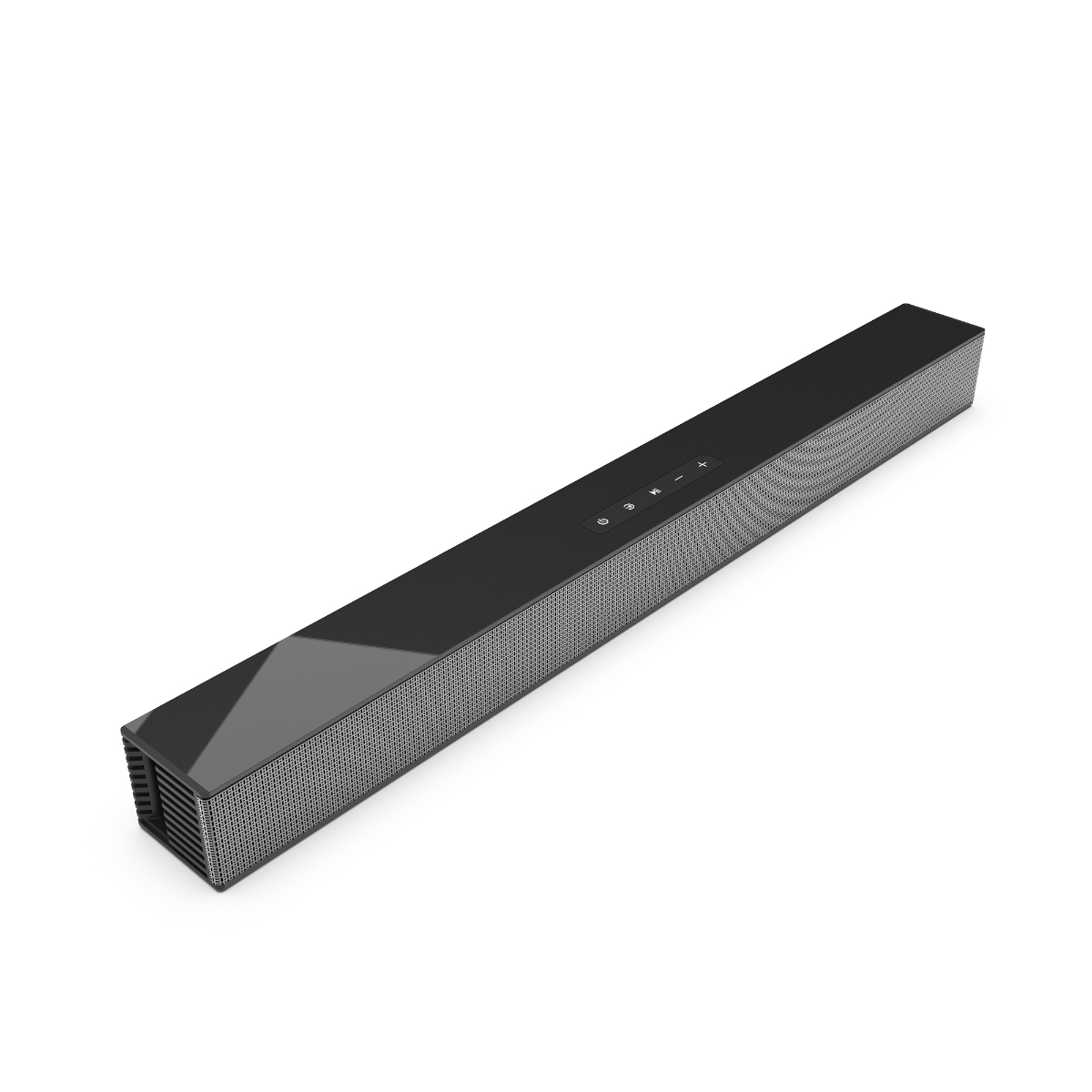 Schwarzer Soundbar-Lautsprecher auf weißem Hintergrund. Silberne Mesh-Front.