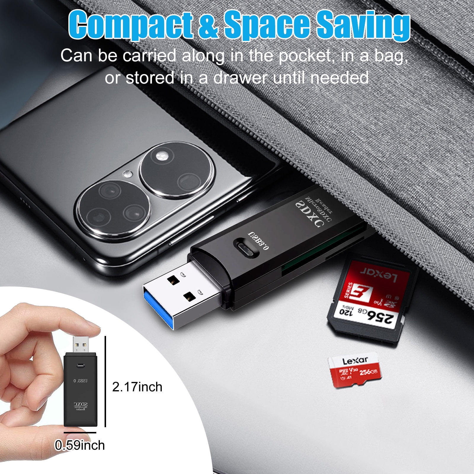 Schwarzer USB-Kartenleser mit USB-Anschluss und SD-Karte. Eine Hand hält ihn in der Nähe eines Telefons und einer Tasche.