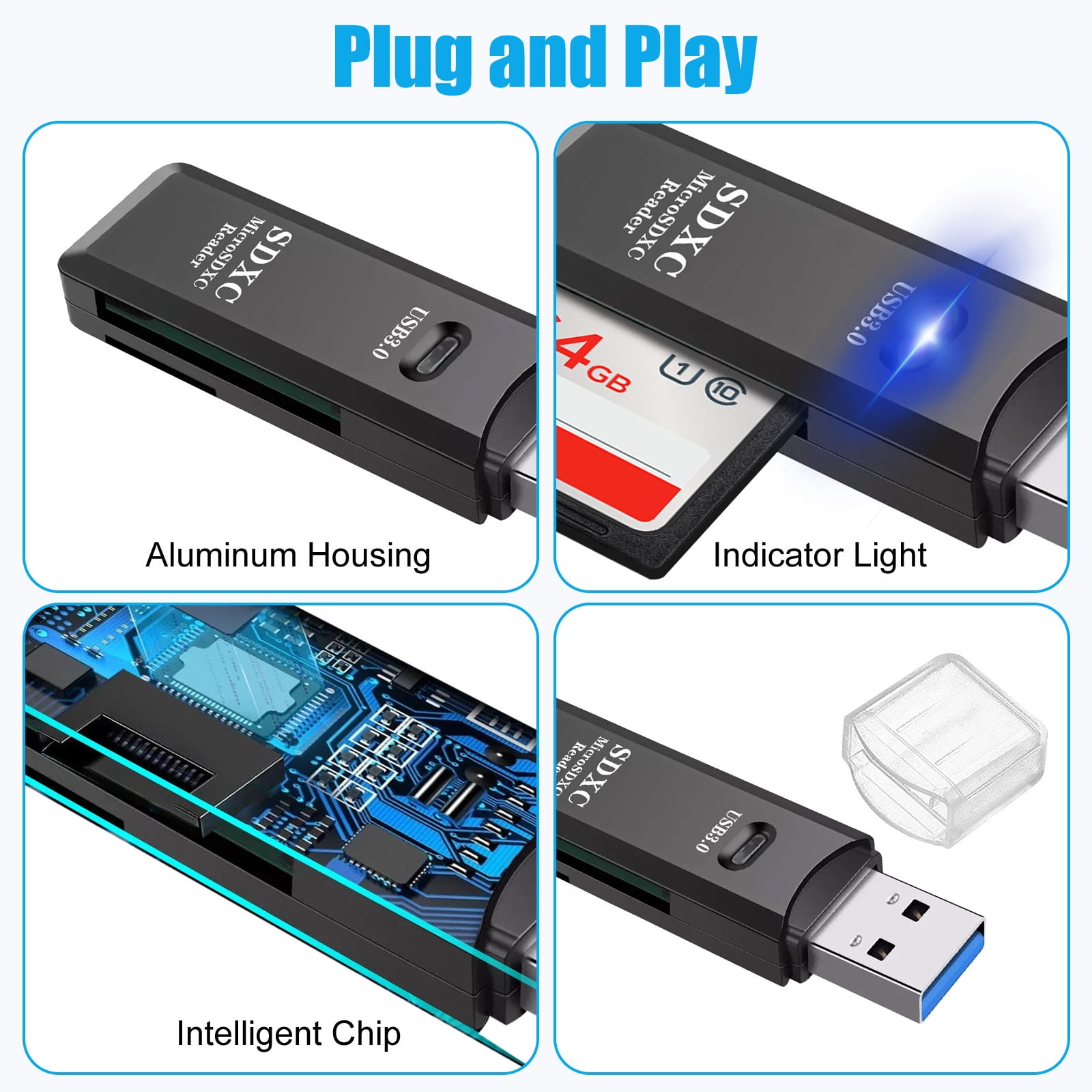 Schwarzer USB 3.0 SD-Kartenleser mit eingesetzter Karte und klarer Schutzhülle.