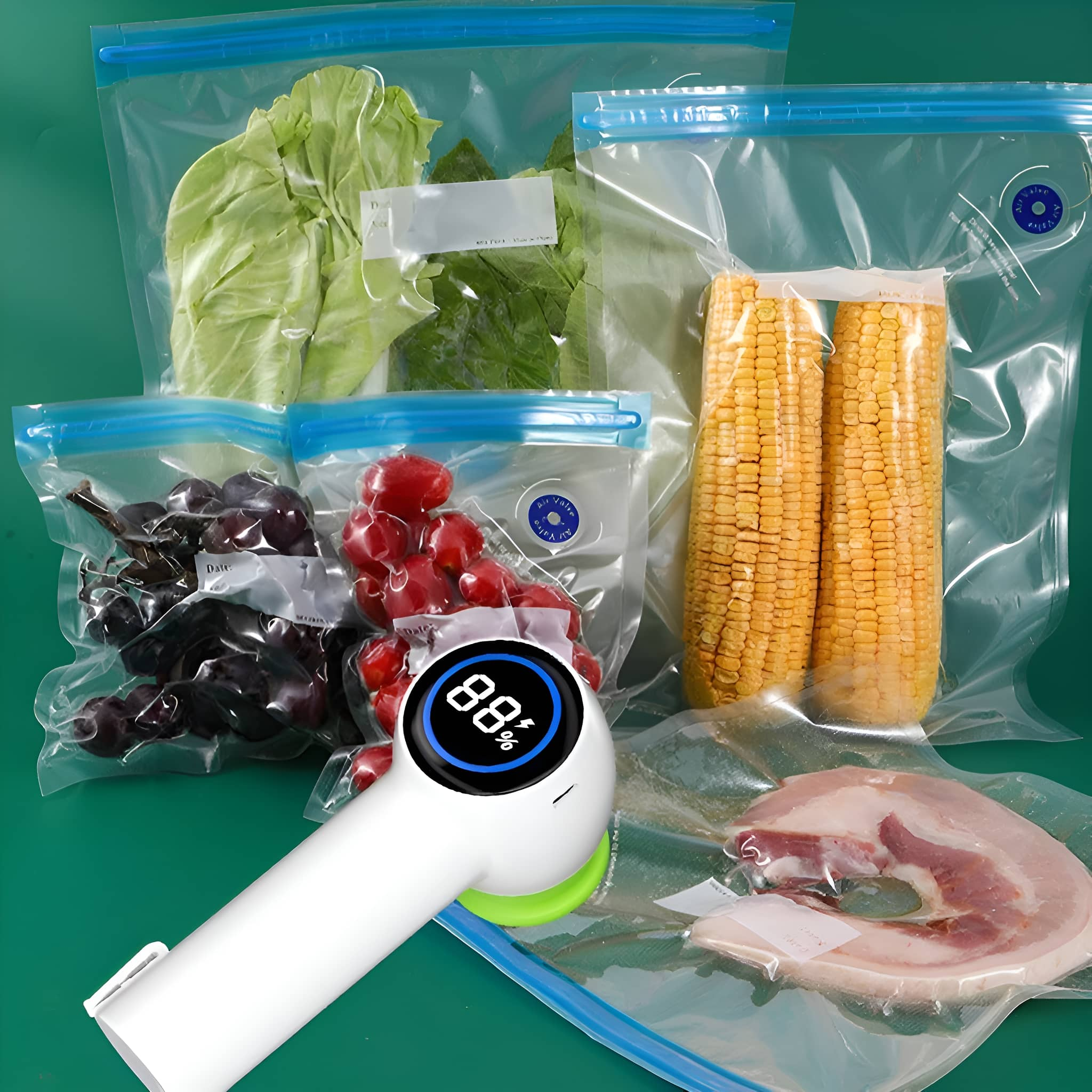 Verschiedene versiegelte Lebensmittel: Salat, Trauben, Mais, Fleisch. Ein Vakuumiergerät im Vordergrund.
