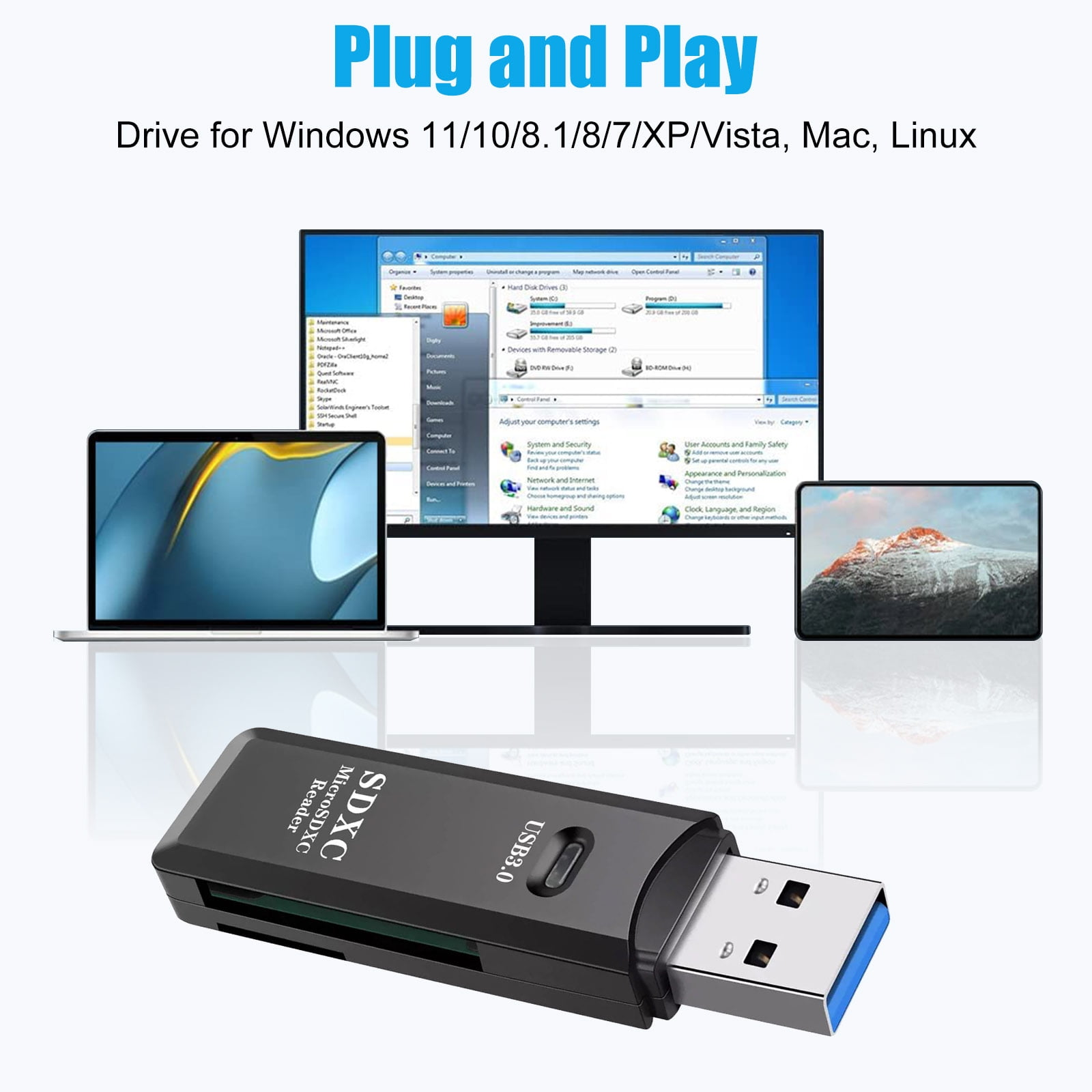 Mehrere Geräte sind mit einem USB-Laufwerk verbunden. Laptop, Desktop und Tablet sind gezeigt.