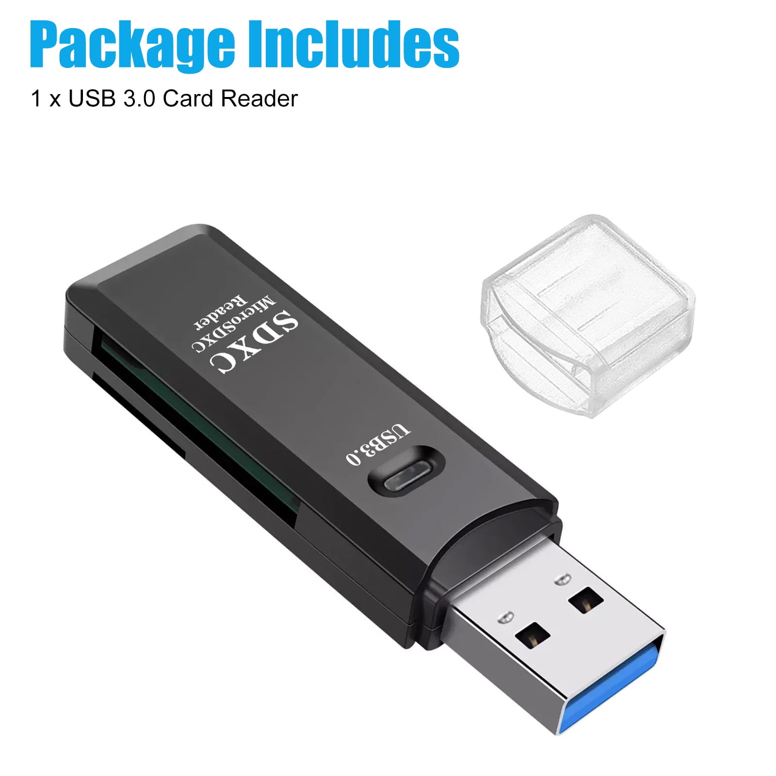 Ein schwarzer USB 3.0 Kartenleser mit USB-Anschluss und einer transparenten Kunststoffschutzhülle.