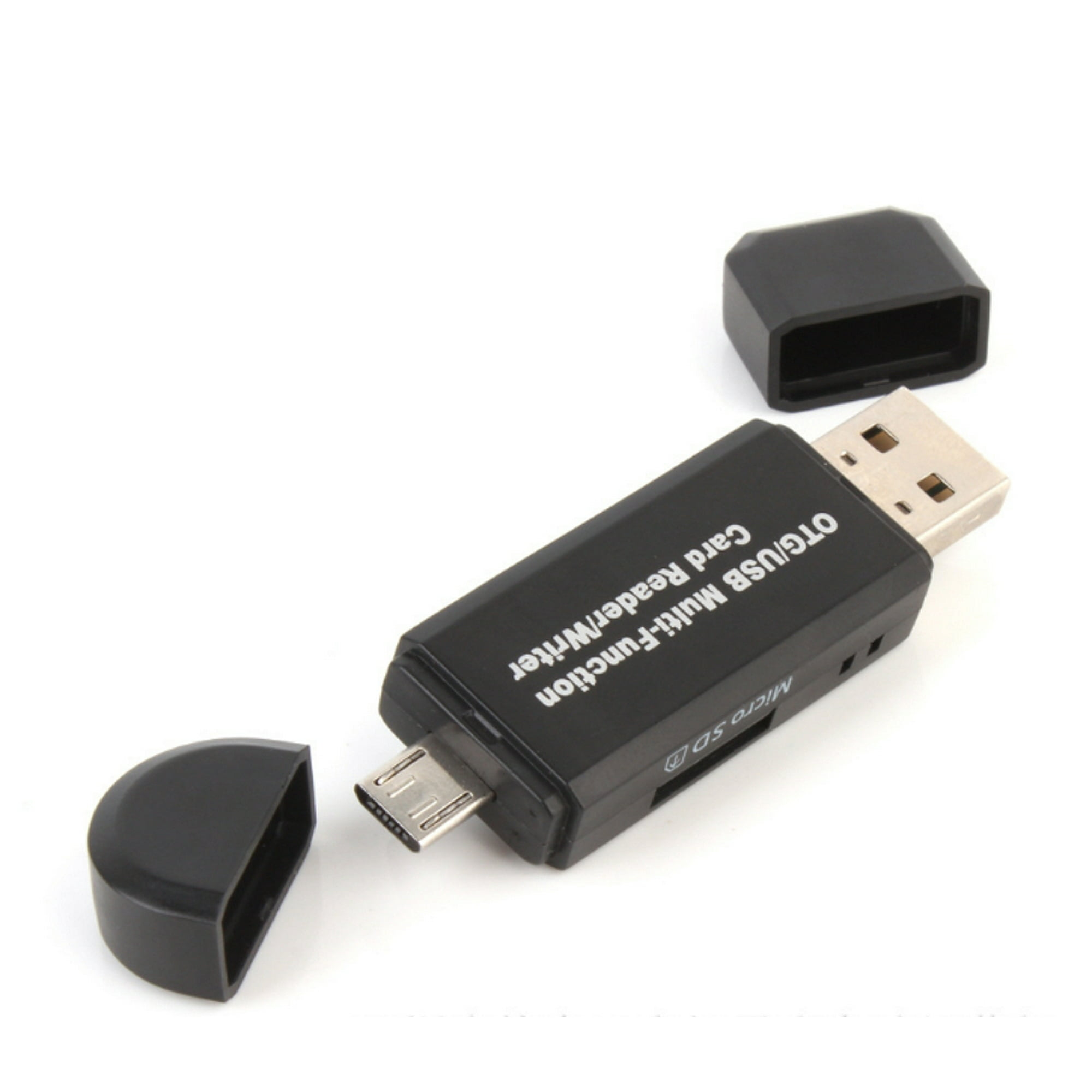 Schwarzer Kartenleser/Schreiber. Es hat einen USB- und einen Micro-SD-Steckplatz. Die Kappen sind abgenommen. Weißer Hintergrund.