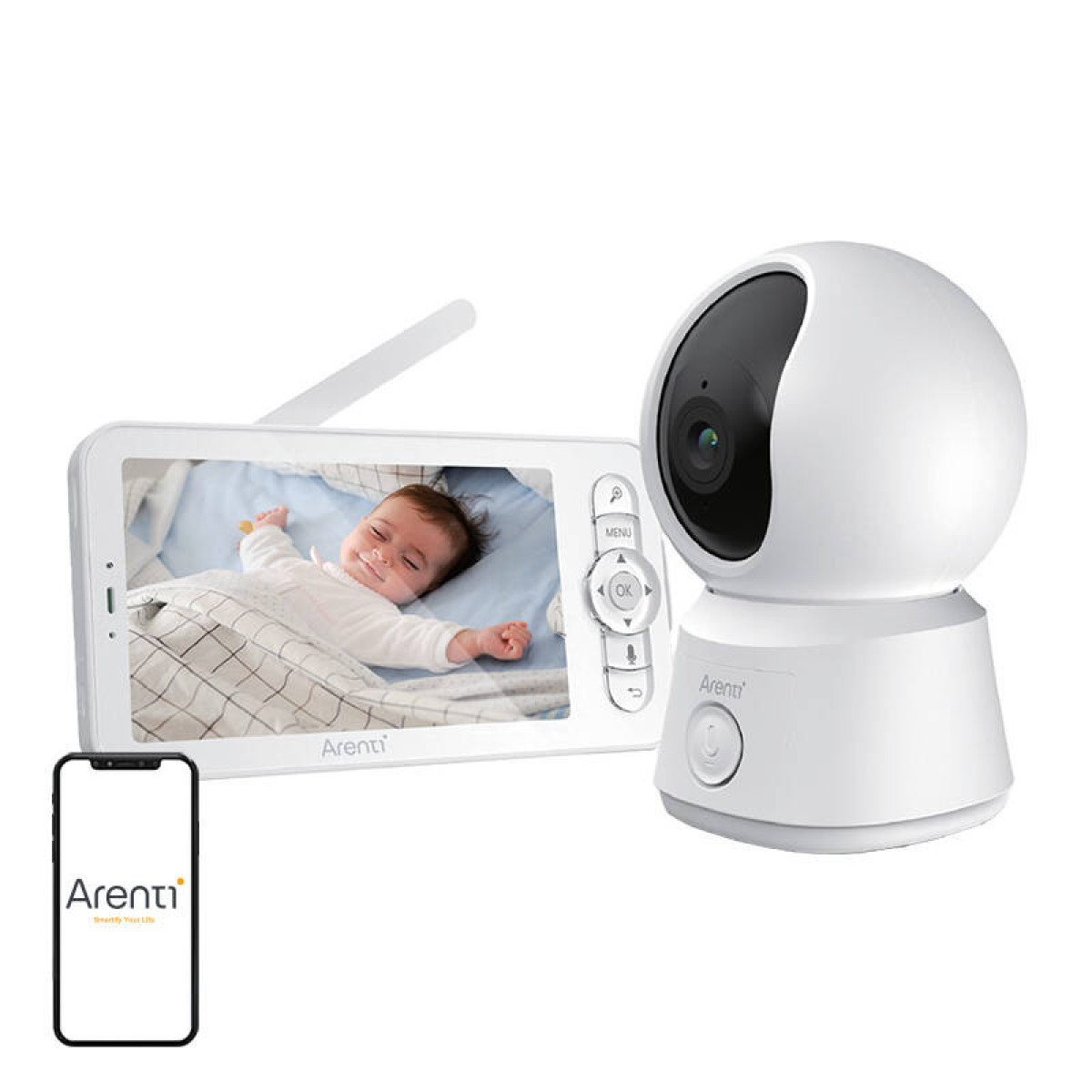 Ein Babyphone mit einem Bildschirm, der ein schlafendes Baby zeigt, und einer weißen Kameraeinheit.