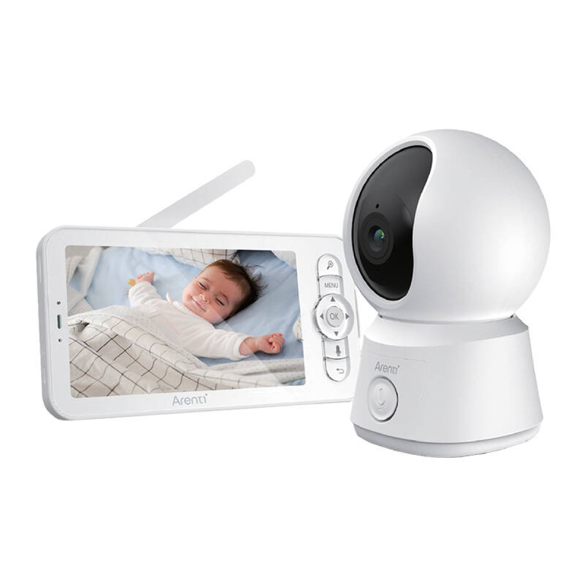 Weißer Babyphone mit Bildschirm, der ein Baby zeigt, neben einer Kamera, auf einer weißen Oberfläche.