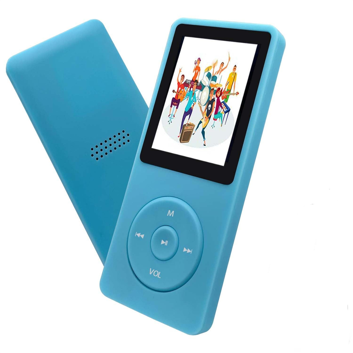 Blauer MP3-Player mit Band-Anzeige. Ein weiterer Player links davon.