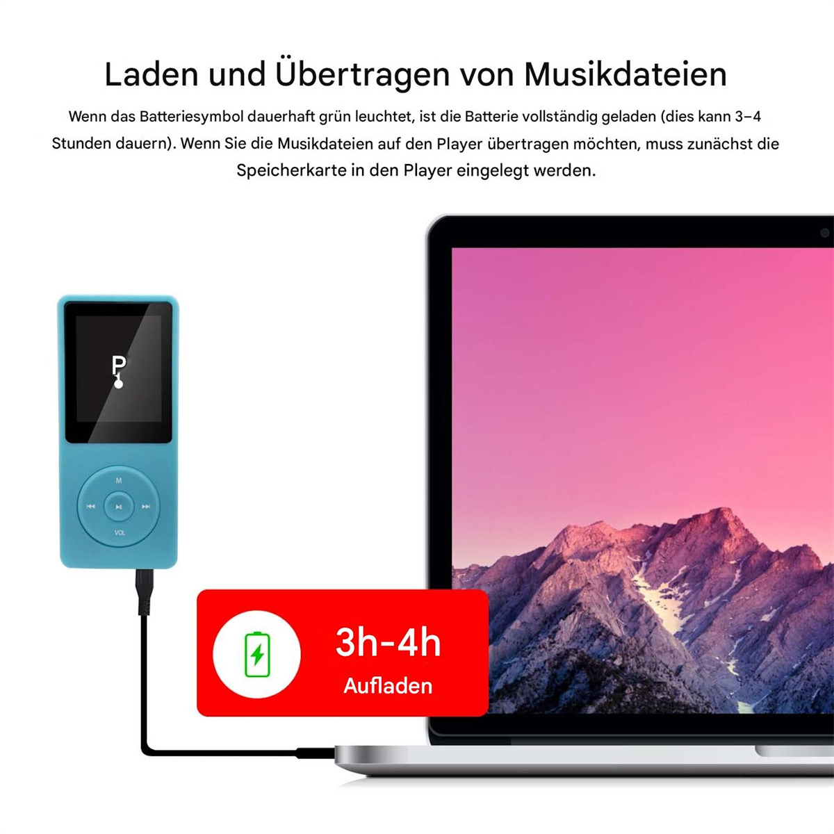 Ein blauer MP3-Player, der mit einem Laptop verbunden ist. Der Laptop-Bildschirm zeigt einen rosa Hintergrund. Text auf Deutsch.