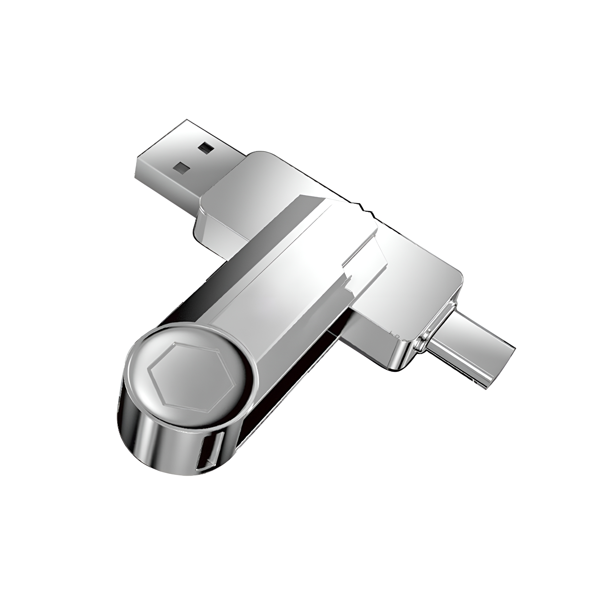 Silberner USB-Adapter. Er hat einen USB-Anschluss, USB-C und ein rotierendes Teil.