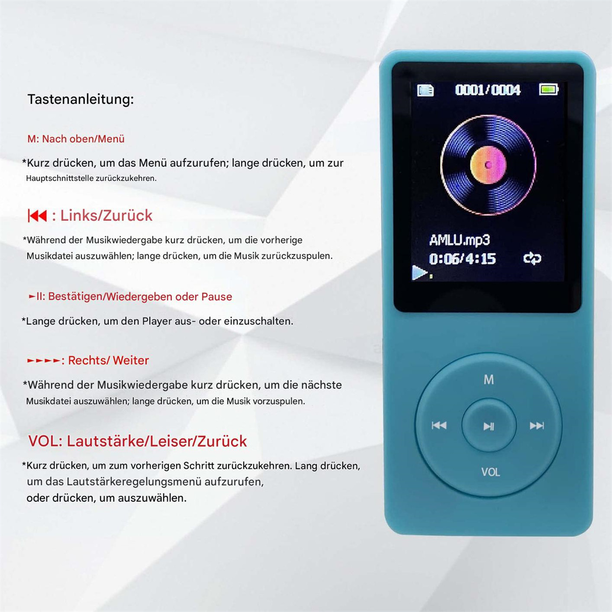 Blauer MP3-Player mit Bildschirm, Navigationstasten und Textanweisungen.