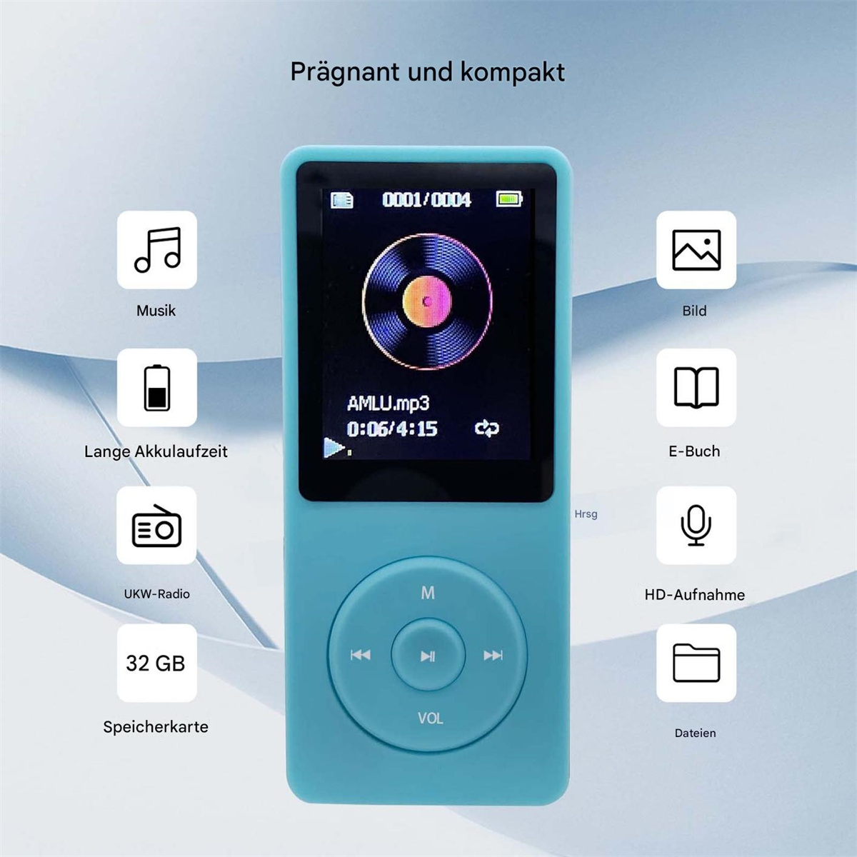 Blauer MP3-Player mit Musiktrack-Anzeige und Funktionssymbolen auf dem Bildschirm.