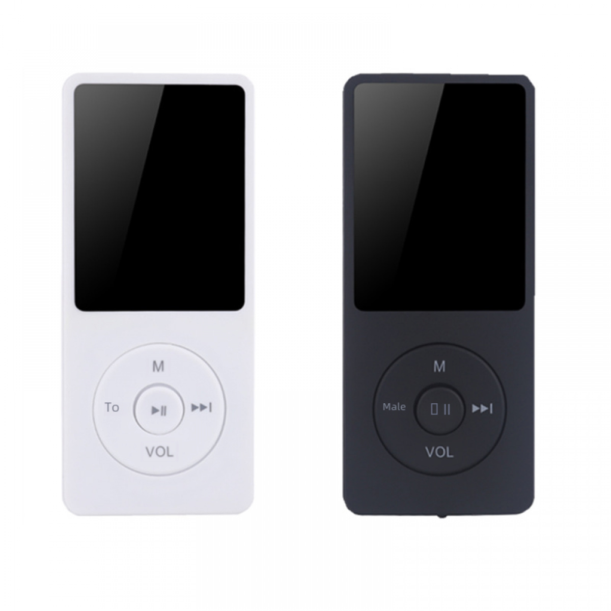 Zwei weiße und schwarze MP3-Player. Einer mit weißem Gehäuse, der andere schwarz.