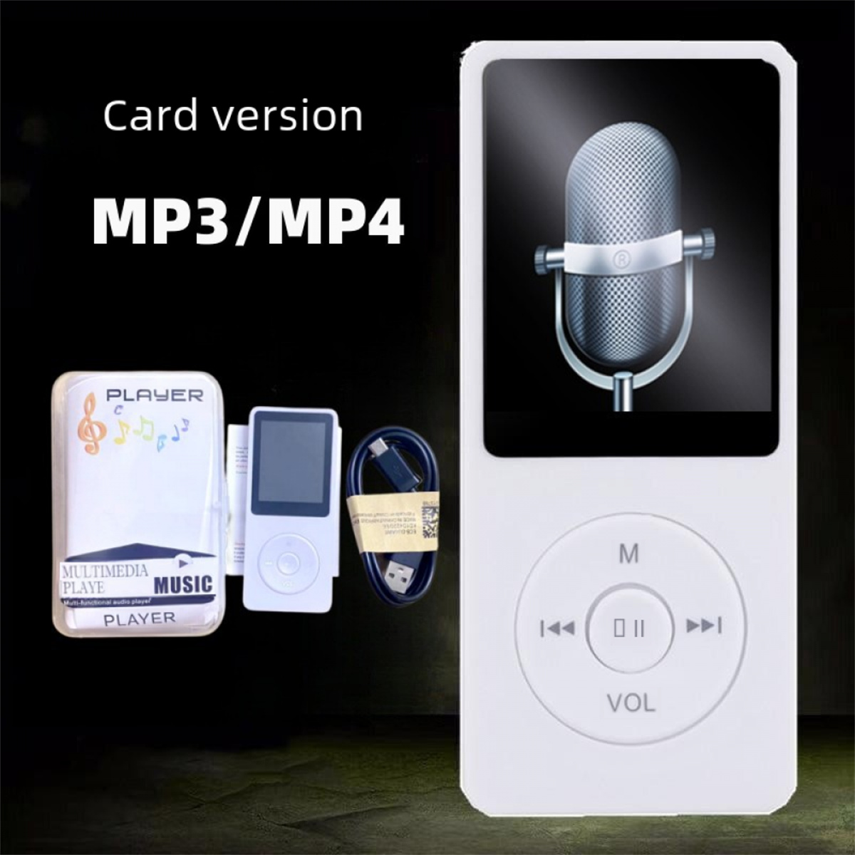 Ein weißer MP3/MP4-Player mit Bildschirm und Knöpfen neben Verpackung und Ladekabel auf dunklem Hintergrund.