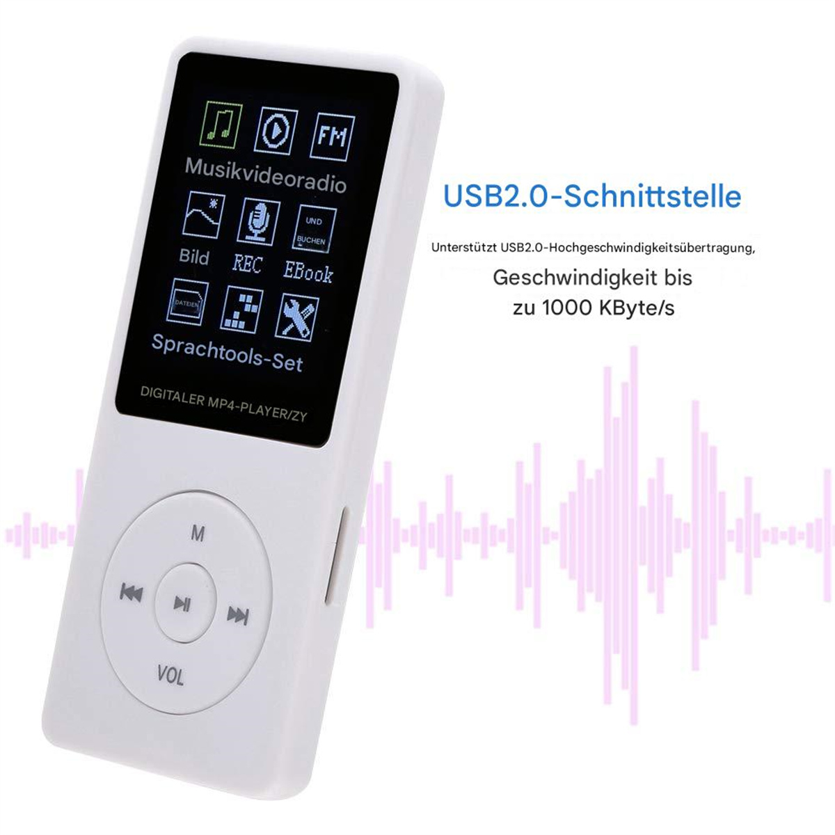 Weißer MP4-Player mit Bildschirm, Knöpfen und Text. Text daneben.