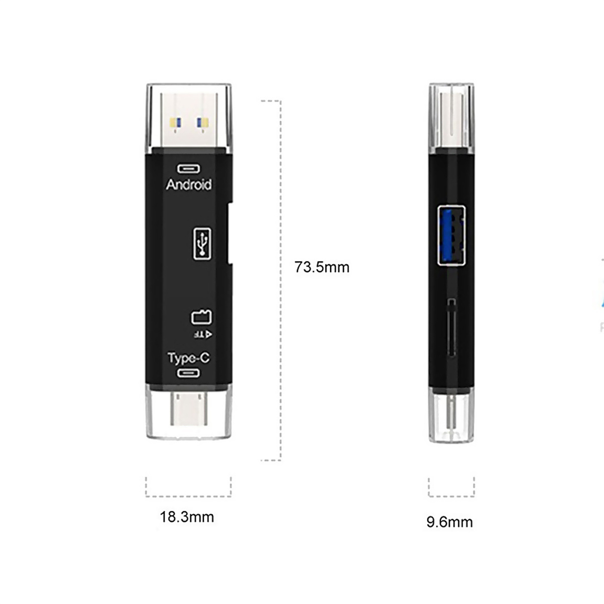 Schwarzer USB-Adapter mit Android- und Typ-C-Anschlüssen. Abmessungen sind sichtbar. Weißer Hintergrund.