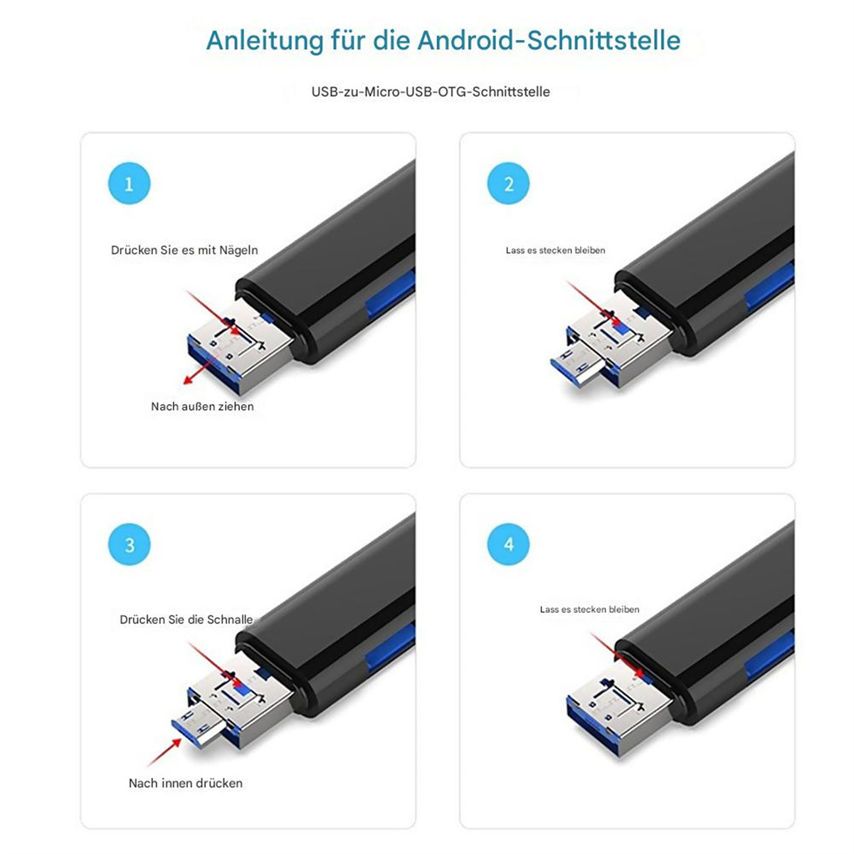 Diagramm mit Schritten zum Anschließen eines USB-zu-Micro-USB-Adapters an ein Gerät.