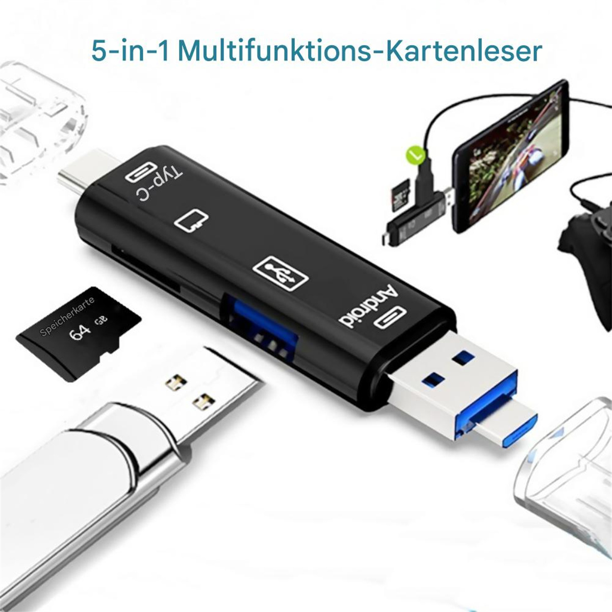 Ein schwarzer 5-in-1 Multifunktions-Kartenleser mit microSD-Karte und USB-Stecker.