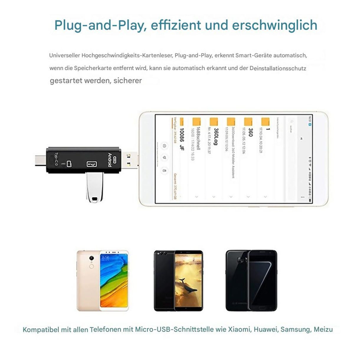 Ein schwarzer USB-C-Adapter, der mit einem Smartphone und anderen Telefonen verbunden ist, mit Text zur Plug-and-Play-Funktion.