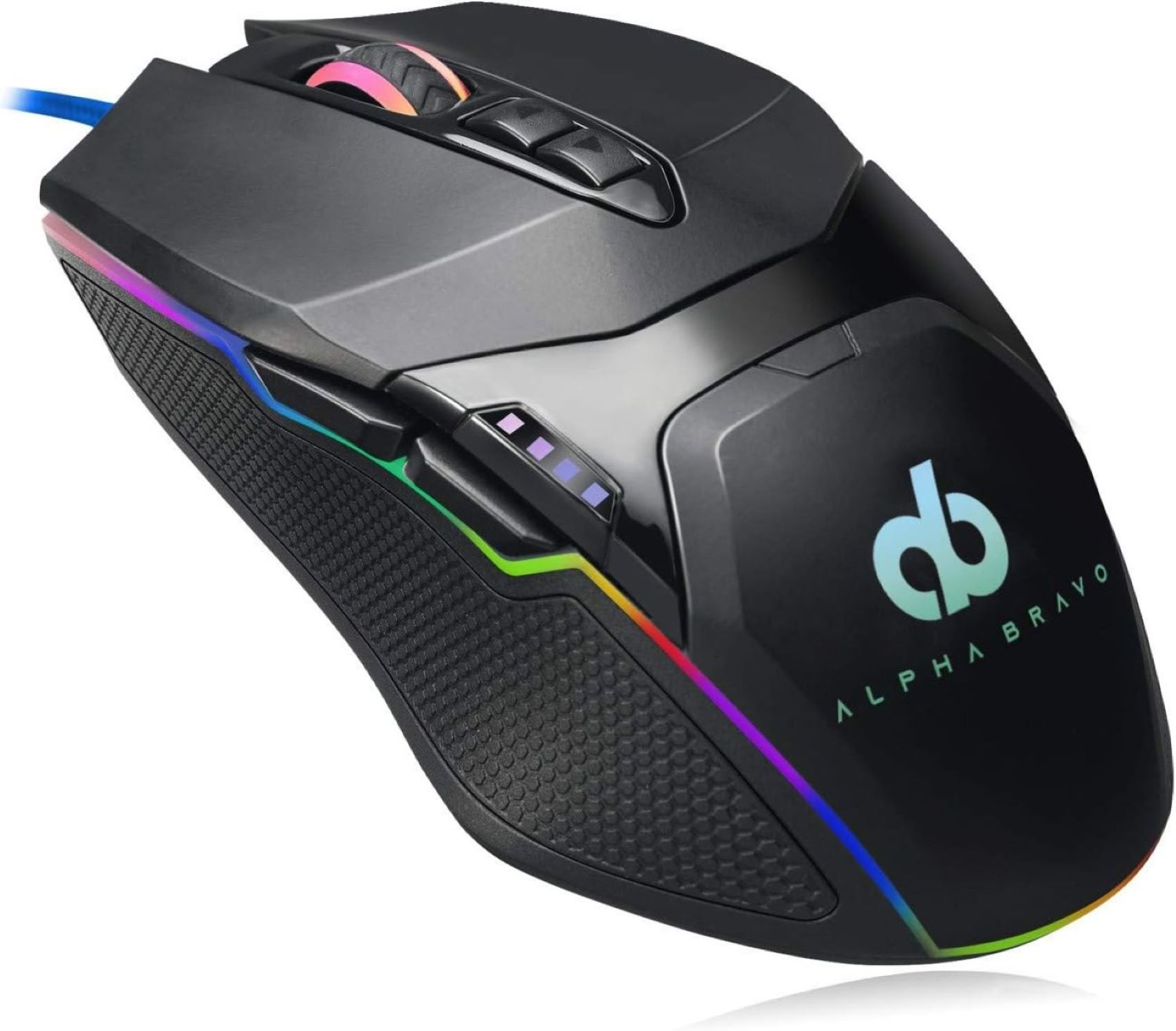 Schwarze Gaming-Maus mit bunten Lichtern. Die Maus hat ein Logo. Weißer Hintergrund.