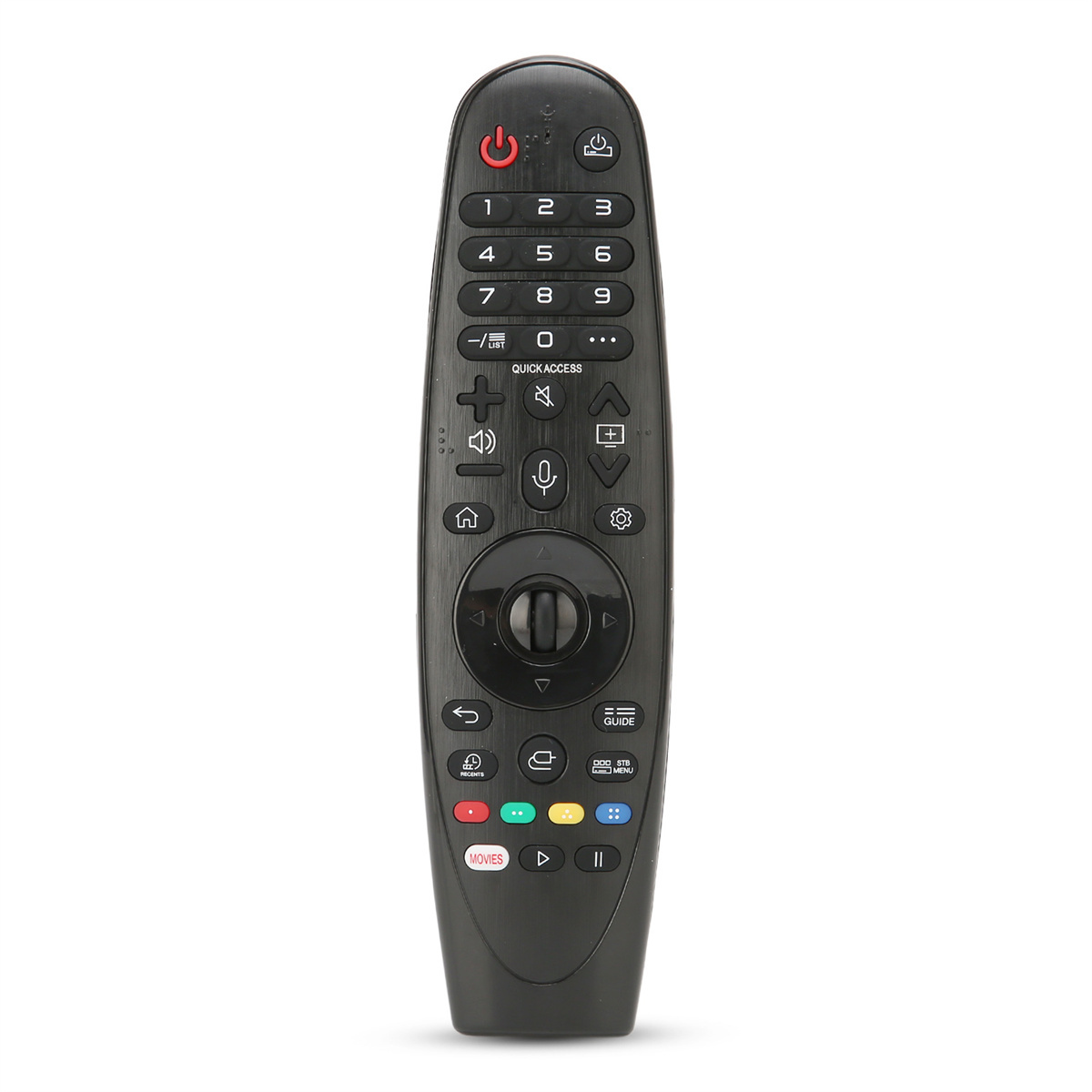 Eine schwarze LG TV-Fernbedienung mit vielen Knöpfen. Der Hintergrund ist weiß.