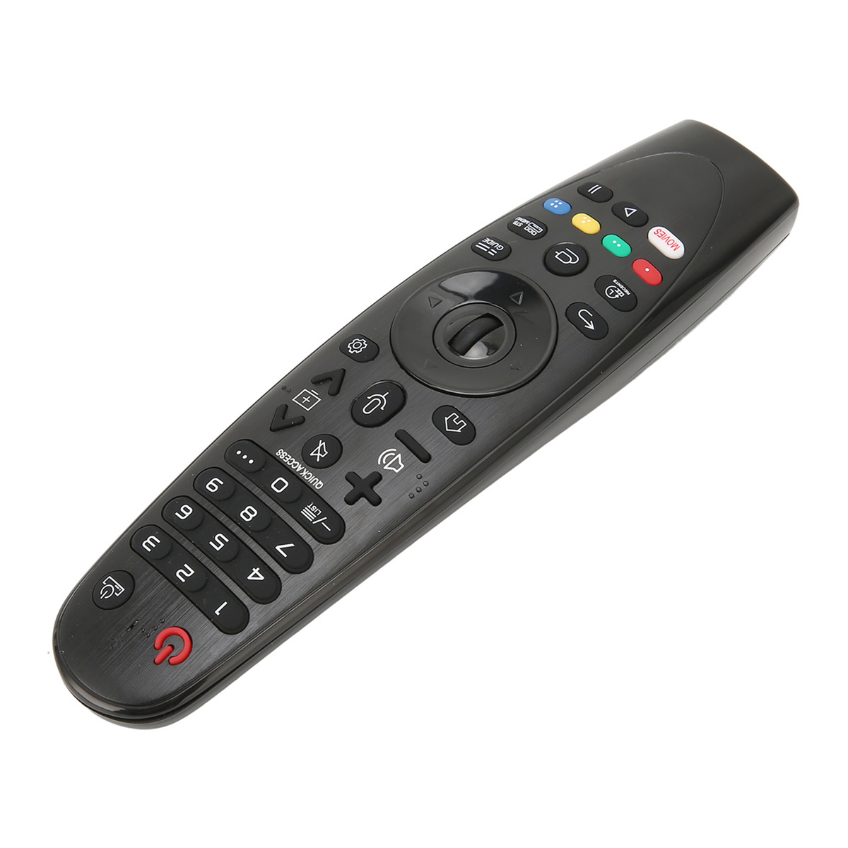Schwarze LG TV-Fernbedienung mit mehreren Tasten auf weißem Hintergrund.