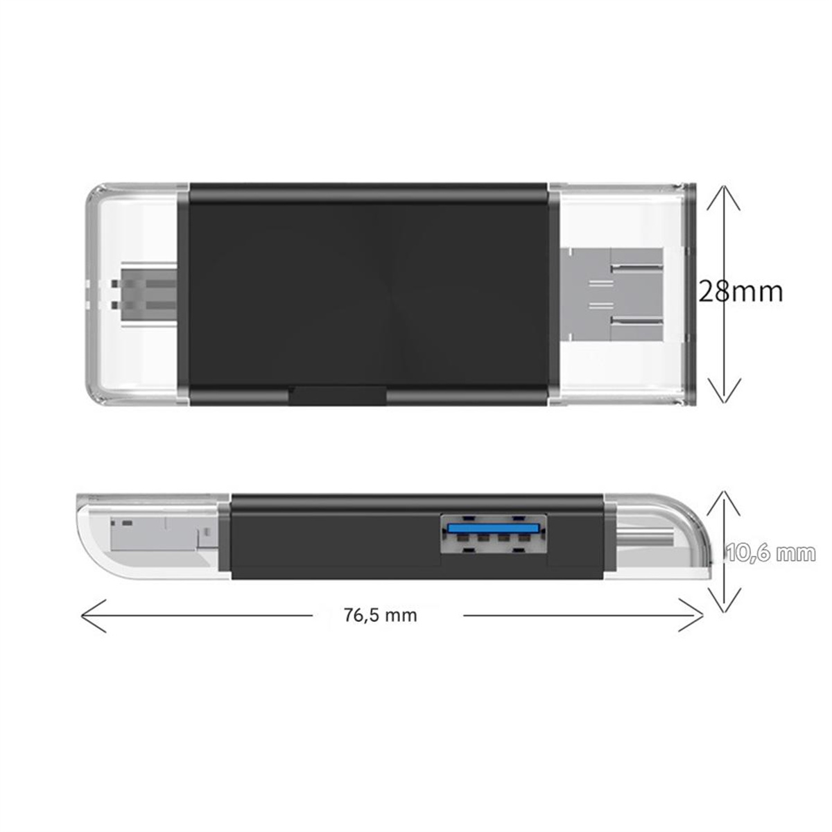 Schwarzer und klarer USB-Stick mit Abmessungen. Der USB-Stick ist dual.