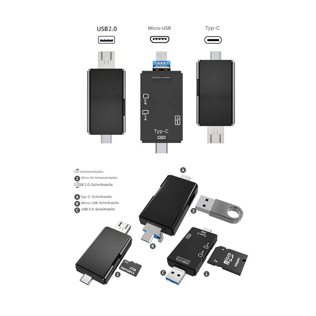 USB-Datenspeichergeräte mit USB 2.0, Micro-USB und Typ-C-Anschlüssen.