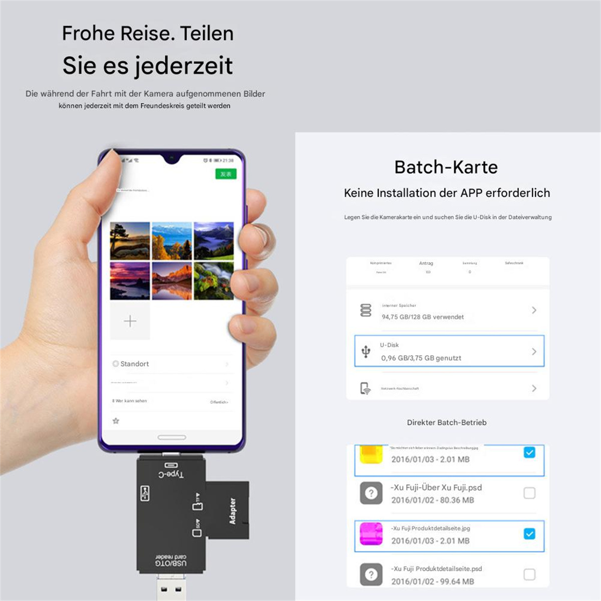 Hand hält Smartphone, zeigt Fotogalerie. Kartenleser und USB-Adapter vorhanden.