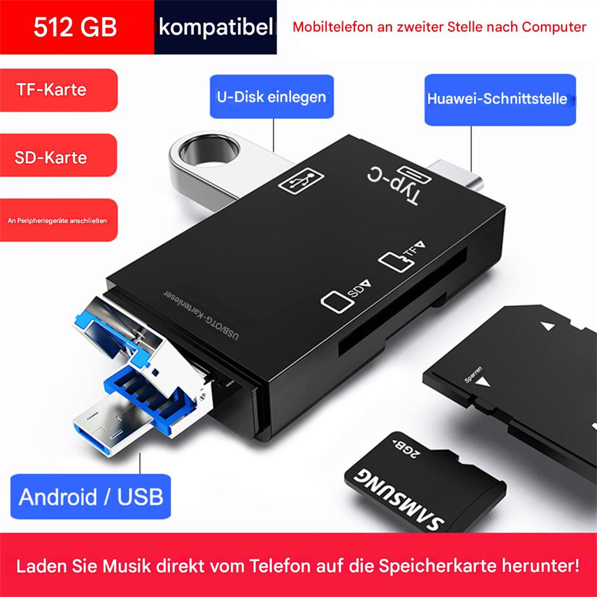 Schwarzer Kartenleser mit USB-, SD- und TF-Kartensteckplätzen, mit Karten und USB-C-Anschluss. Roter und blauer Text.