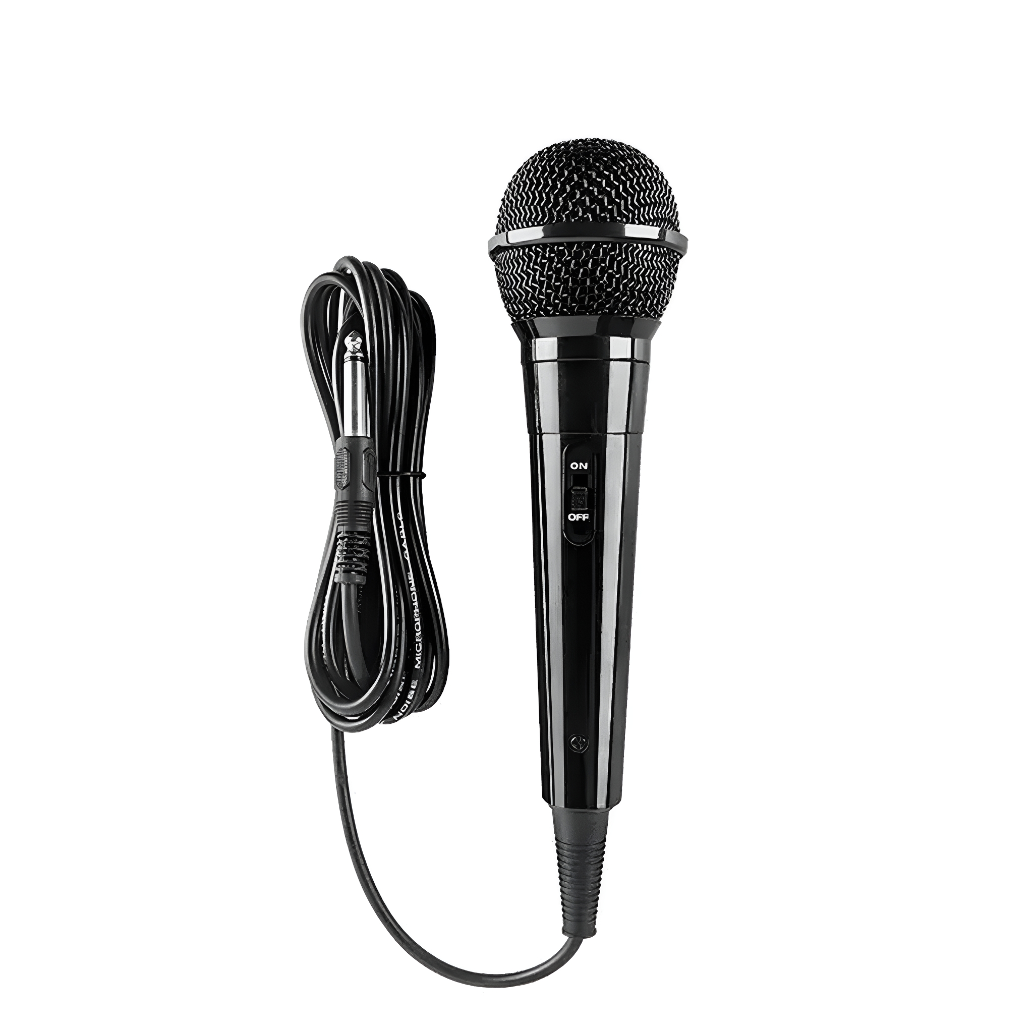 Ein schwarzes Mikrofon mit einem Netzgitterkopf und einem Kabelanschluss. Das Kabel ist ebenfalls schwarz.