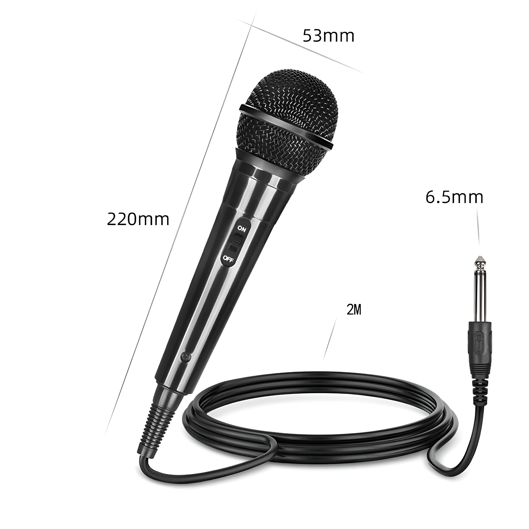 Schwarzes Mikrofon mit Maßen. Mit Kabel und Ein/Aus-Schalter. Die Messungen sind angegeben.