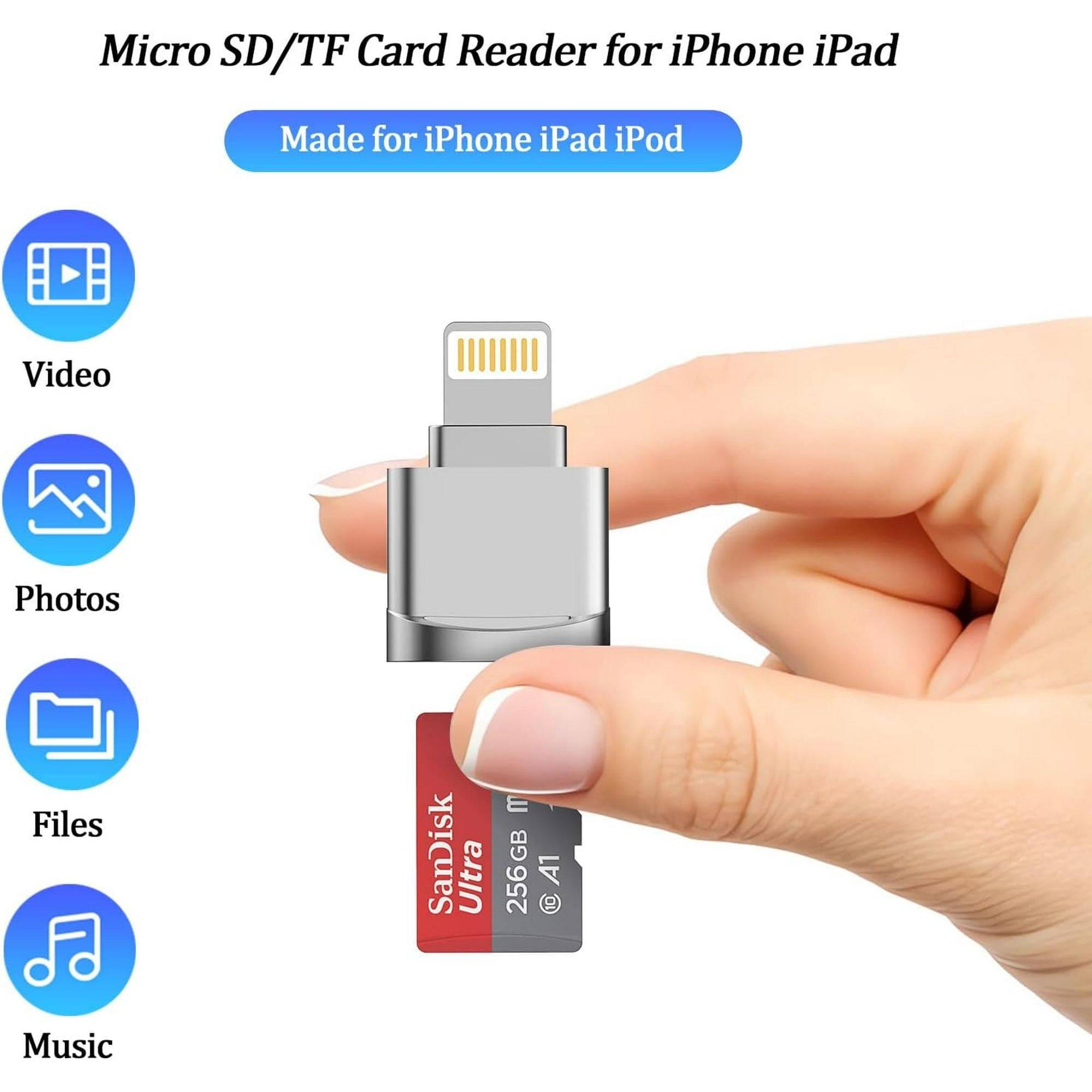 Adapter für iPhone/iPad mit Anschluss und roter SD-Karte. Symbole für Video, Fotos, Dateien, Musik.