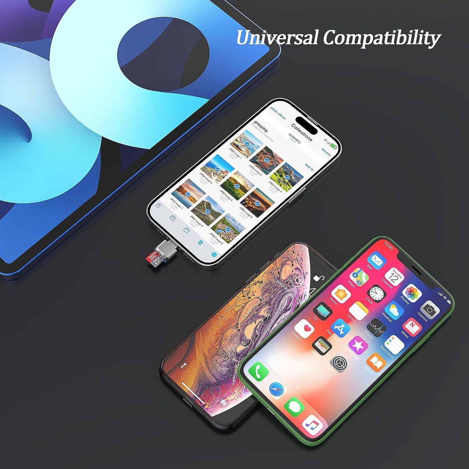 Drei Telefone mit einem Anschluss. Eines ist mit einem Gerät verbunden. Der Hintergrund ist ein blaues Tablet.
