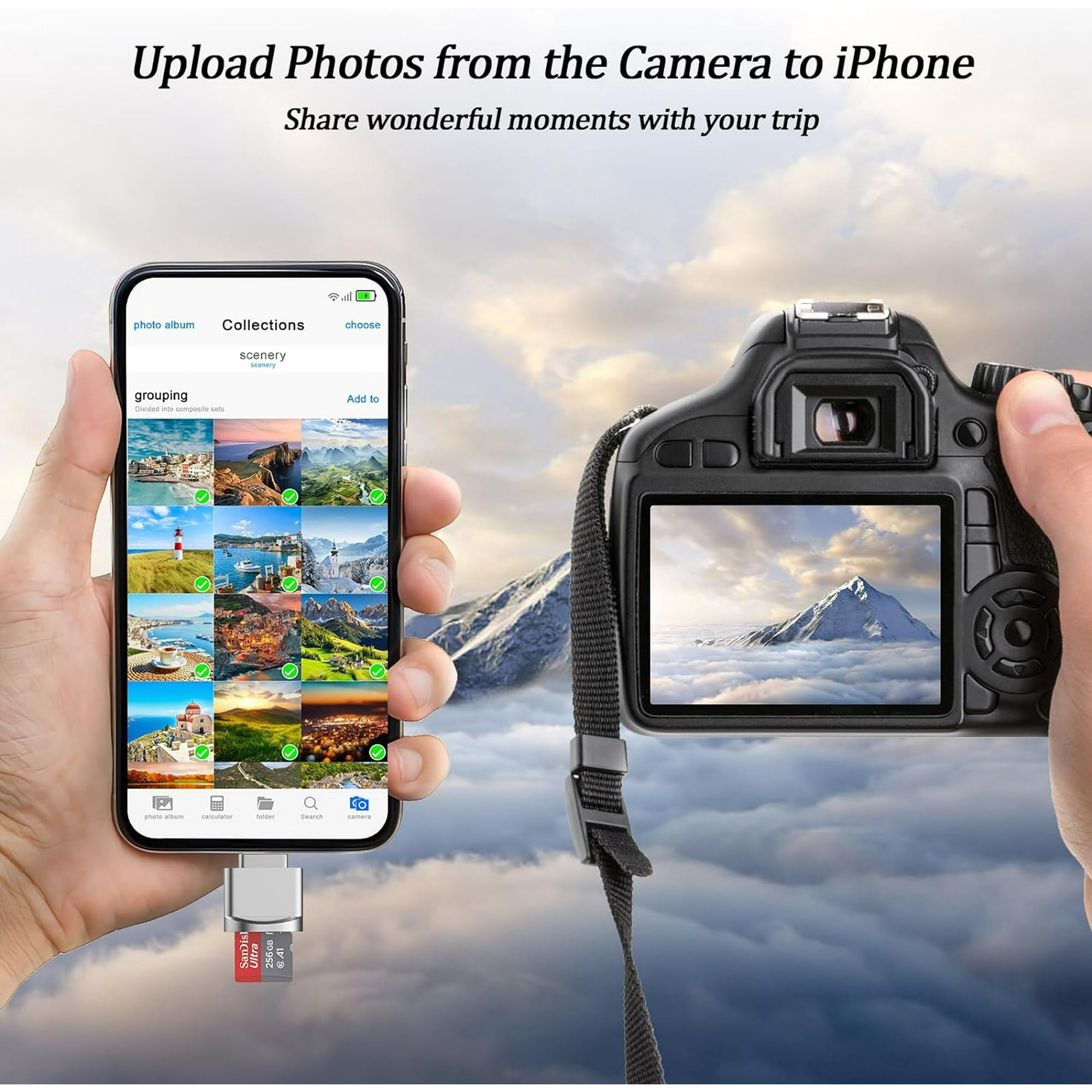 Eine Person l ädt Fotos von einer Kamera mit einem USB-Adapter auf ein iPhone hoch.