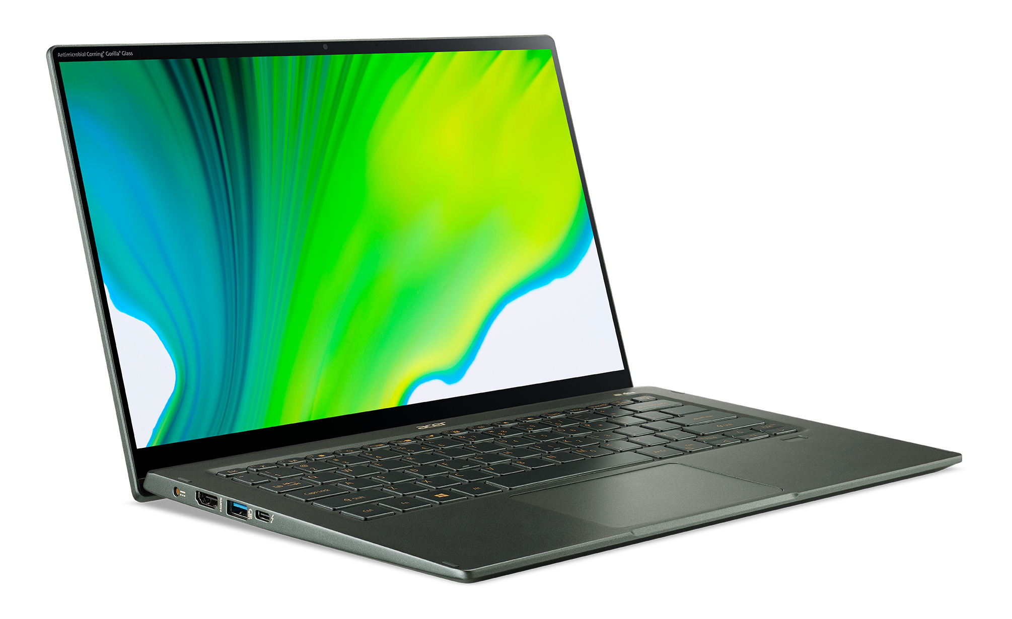 Laptop argentato angolato con schermo verde e blu su sfondo bianco.