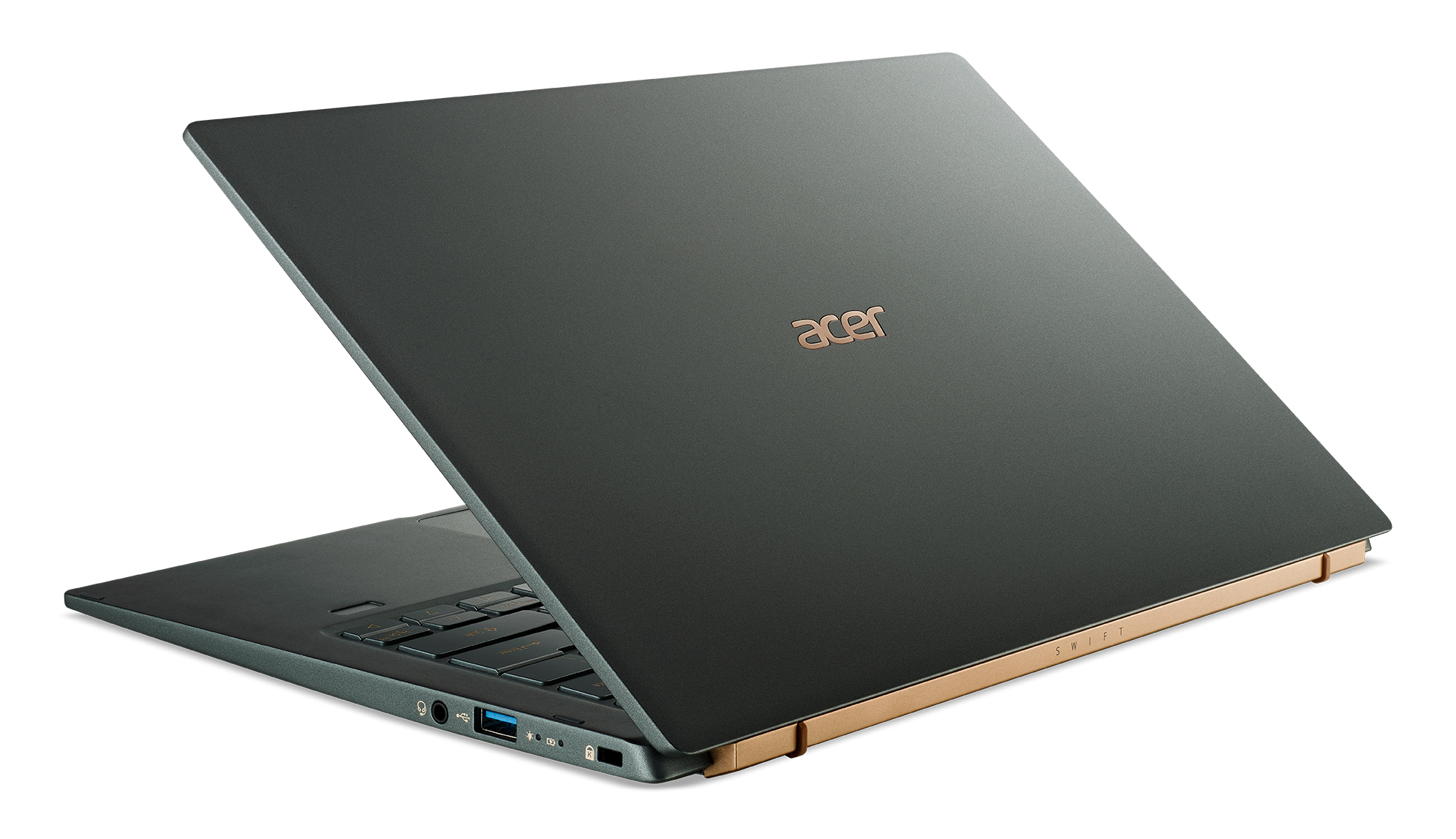 Laptop grigio scuro, vista posteriore, parzialmente aperto. Logo Acer in oro. Dettagli dorati.