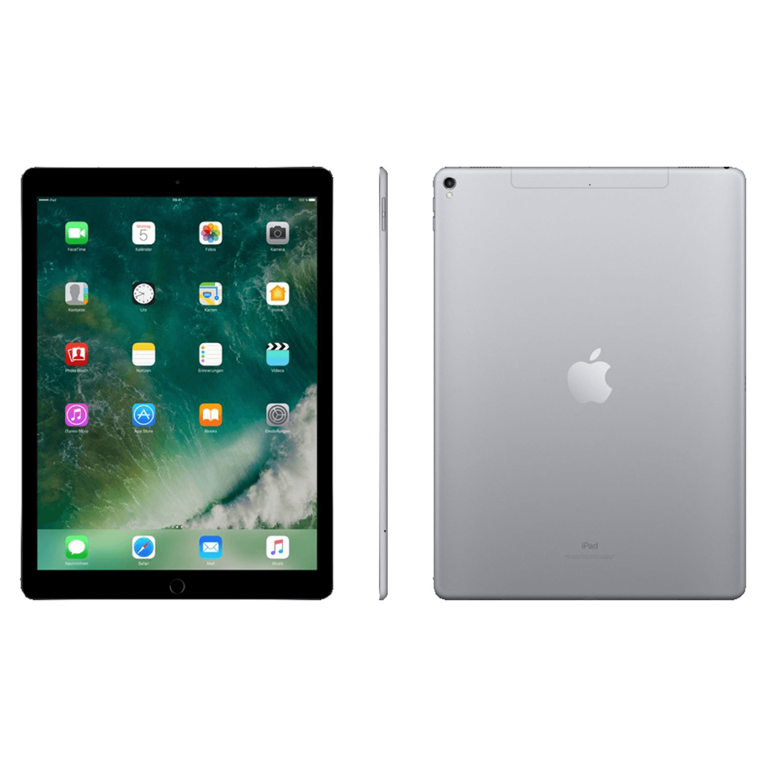 Apple iPad. Das iPad wird von vorne, von der Seite und von hinten in Silber gezeigt.