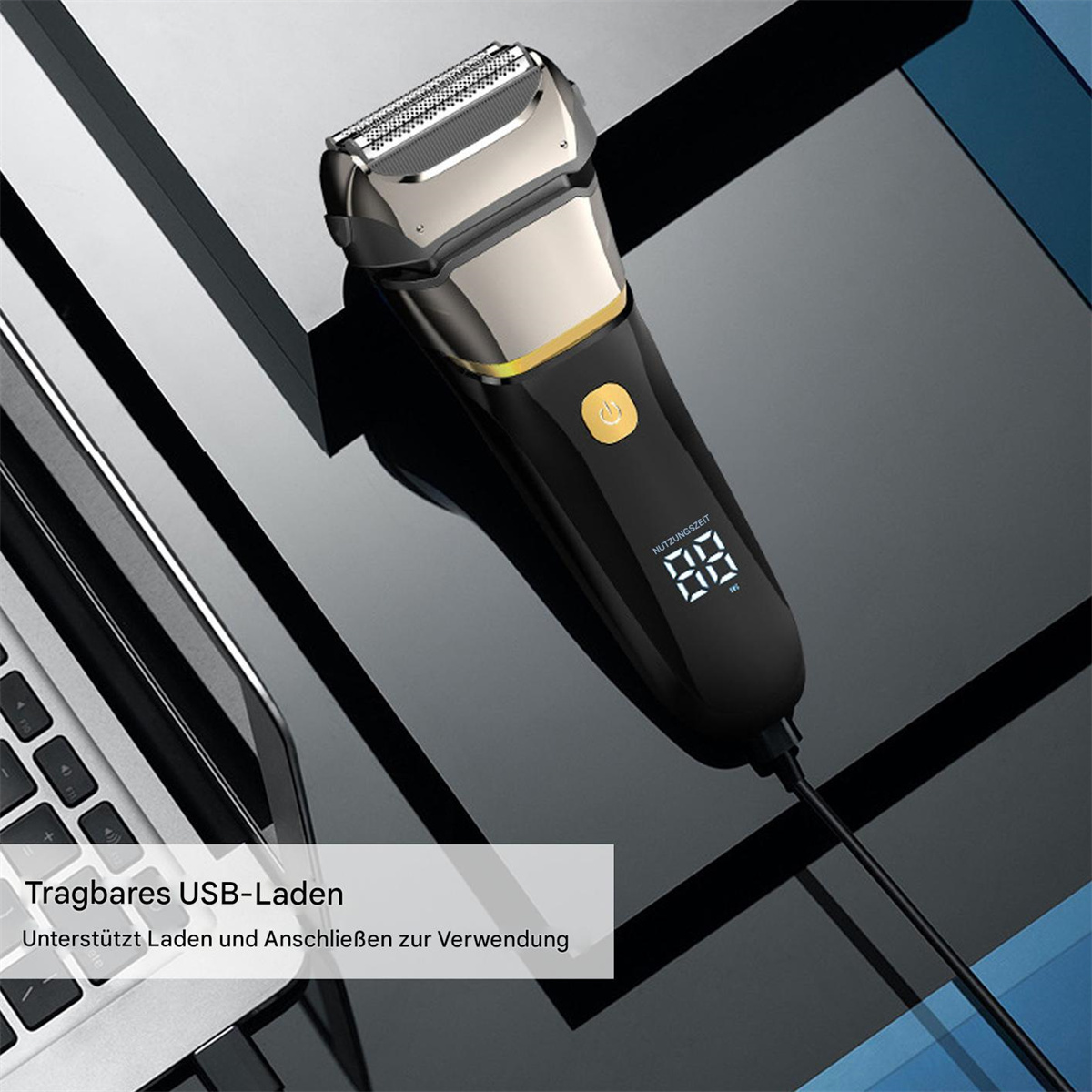 Schwarzer und silberner Elektrorasierer mit digitaler Anzeige auf reflektierender Oberfläche.